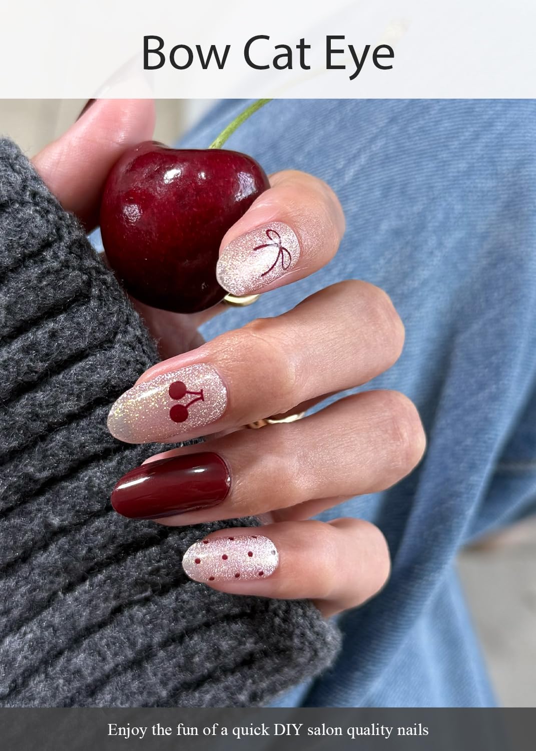 AutyaMee Semi Cured Gel Nail Strips (Bow Cat Eye), Valentine's Day, 20 Pcs Gel Nail Wraps, Stickers, Salon Quality, Works with Any UV Lamps