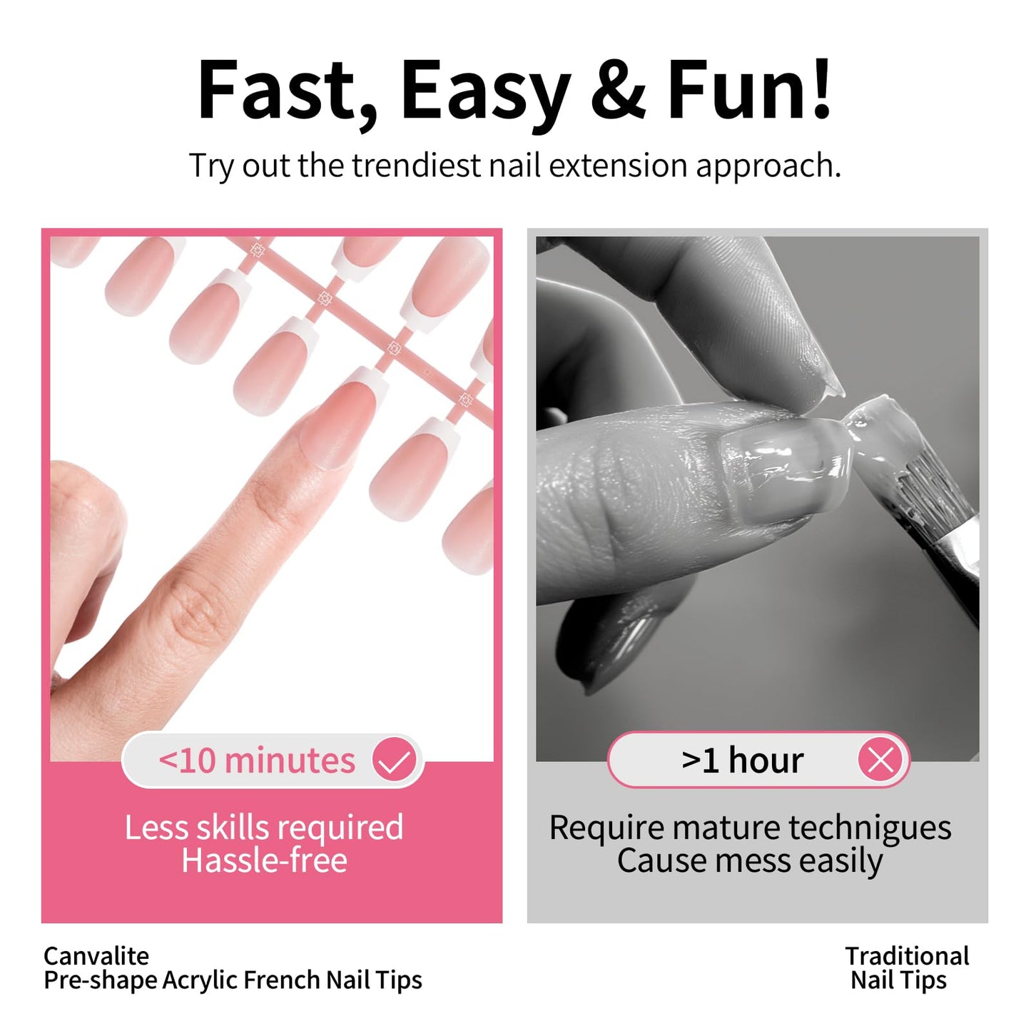 CANVALITE Soft Gel French Tip Nails, 192 Pcs Short Press-on Nails for Women, Flexible Pre-Painted White French Tip Gel Nails, No File Need DIY Manicure Gifts for Women, Glue Not Included