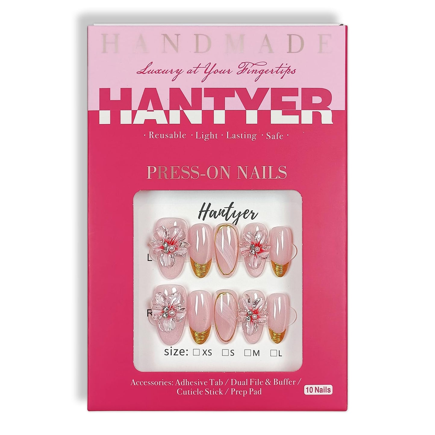 Hantyer Press on Nails, Medium Oval Fake Nails, Pink Cat Eye Base & Gold French Tips, 3D Cherry Blossoms & Icy Pink Jelly Finish, Reusable Gel Nails Sweet & Elegant Style for Women(Size XS)