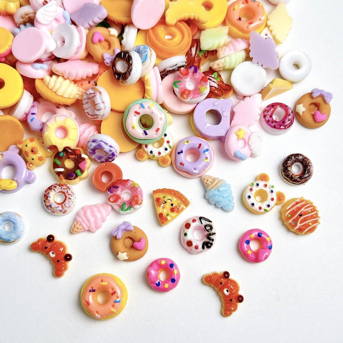 AWDSLUY 50Pcs Colorful Snack Nail Art Charms 3D Resin Food Flatback Nail Charms Donut Nail Supplies Biscuit Bread Ice Cream Pizza Nail Art Rhinestones Mixed-Style Food Toys Nail Art Accessories DIY