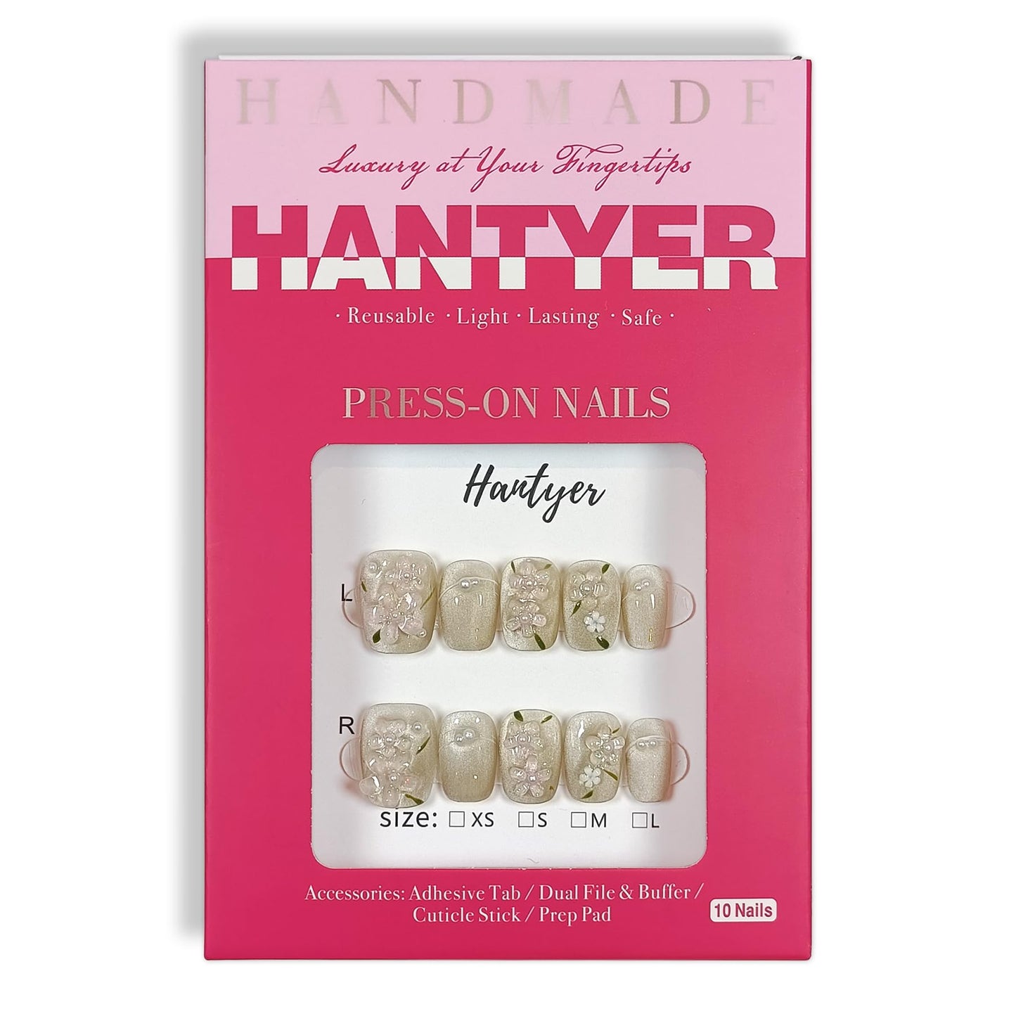 Hantyer Press on Nails | Short Coffin Fake Nails with Cat Eye Design, 3D Floral & Pearl Accents, False Nails with Icy Tea Glossy Finish, Reusable Handmade Nails in Sweet Style for Women(Size M)