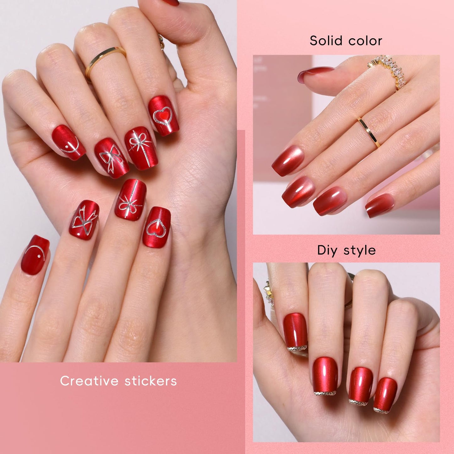 CUZIAM Red Cat Eye Press on Nails Short Square, 5 Color Light to Dark Cherry Red Magnetic Gel Nails with Heart Nail Stickers set for Women Valentine's Day, 150pcs Pre-Builded Fake Nails Manicure Kit
