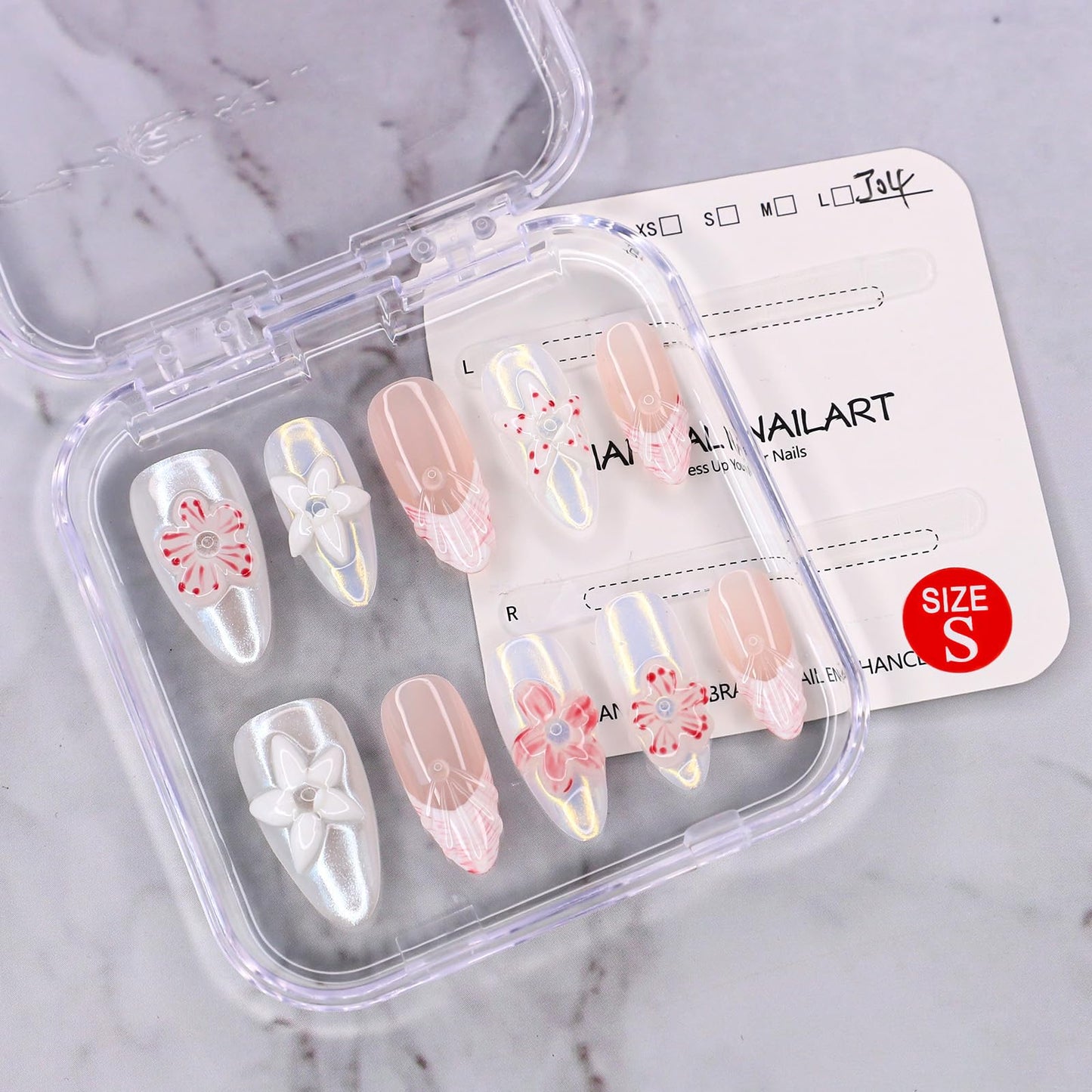 Handmade Press on Nails Luxury 3D Flower False Nails Designs Thickened Salon Quality Acrylic Nails Full Cover French Tip Fake Nails Medium Almond Stick on Nail for Women DIY Manicuare（Size S)