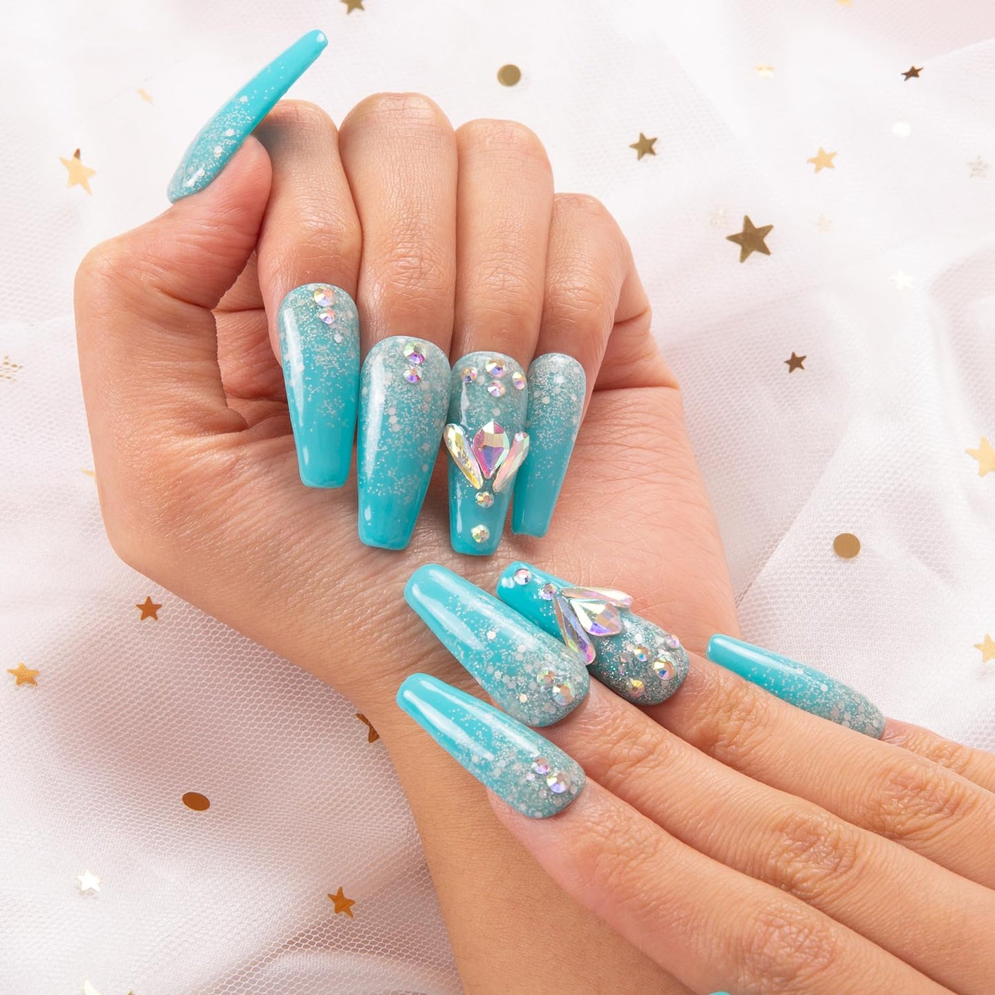 LOVFUL Press on Nails Clubbing Cinderella | Handmade with Full Covered Crystals | Reusable Fake Nails | Coffin Classic Regular 1.3 in | H25-M