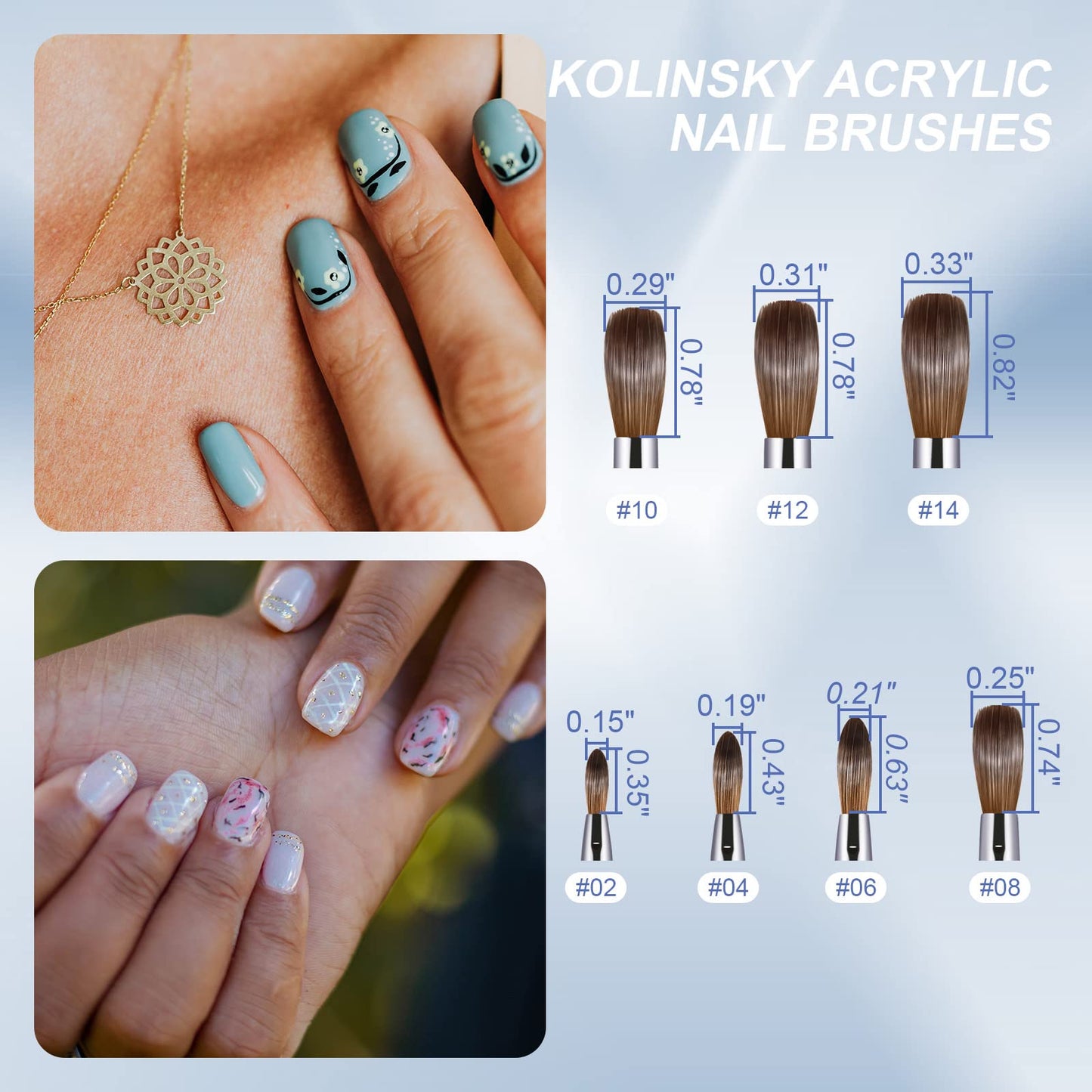 Acrylic Nail Brush Size 14,KEMEISI 100% Pure Kolinsky Nail Art Brushes Sturdy Handle Oval Shaped Acrylic Powder Nail Design Tools for Professional Manicure DIY Home Salon (Blue Gradient)