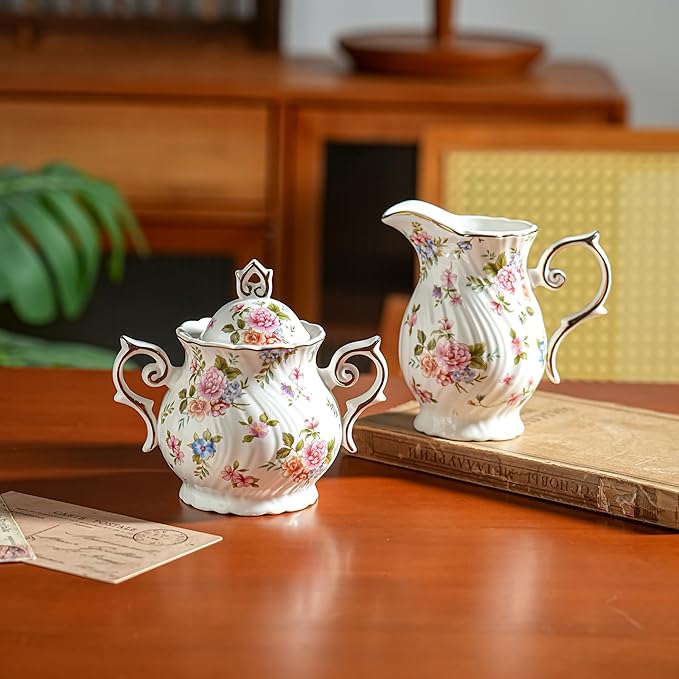 Sugar and Creamer Set Ceramic, Creamer Pitcher and Sugar Bowl with Lid, Creamer Pitcher with Handle,Sugar Cube Dish Coffee or Tea (White with small flowers)