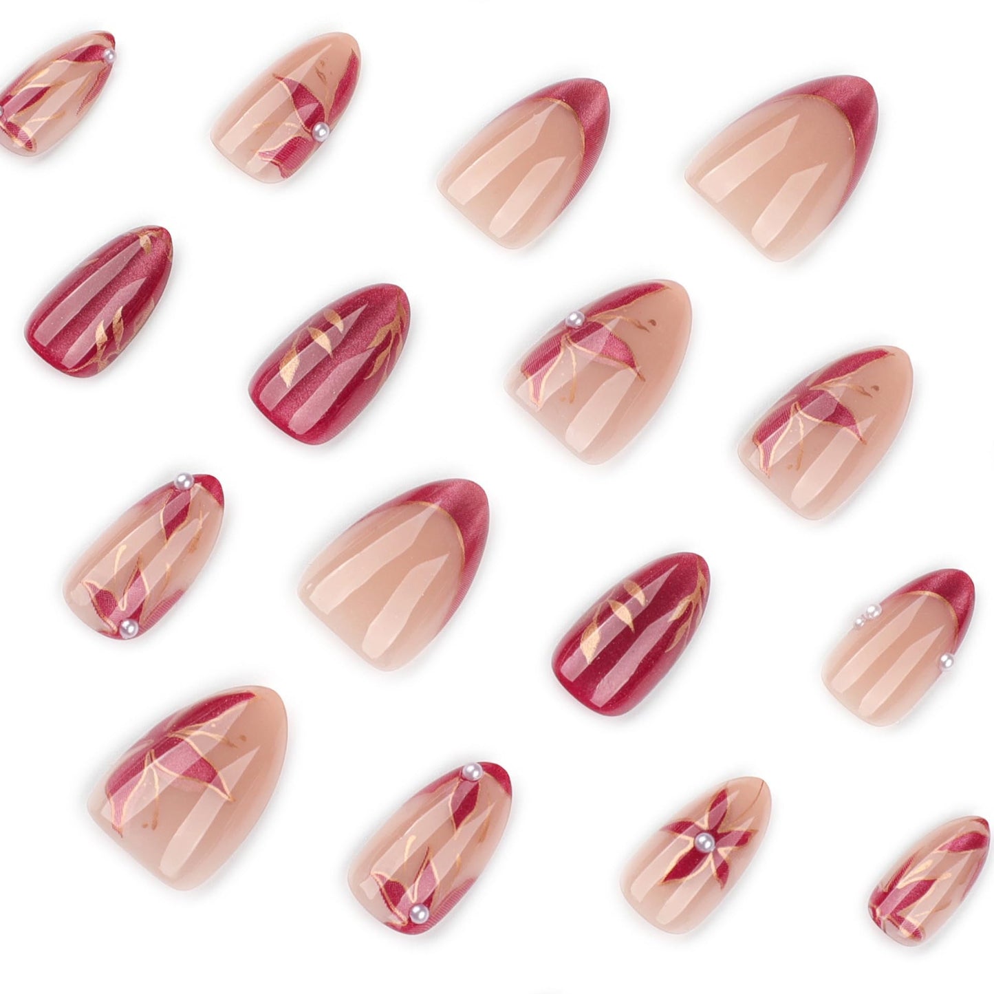 CTTHNBD Press on Nails Almond - Short Fake Nails with Flower Leaf Design - Glossy Full Cover Stick on False Nails - for Women 24 Pcs