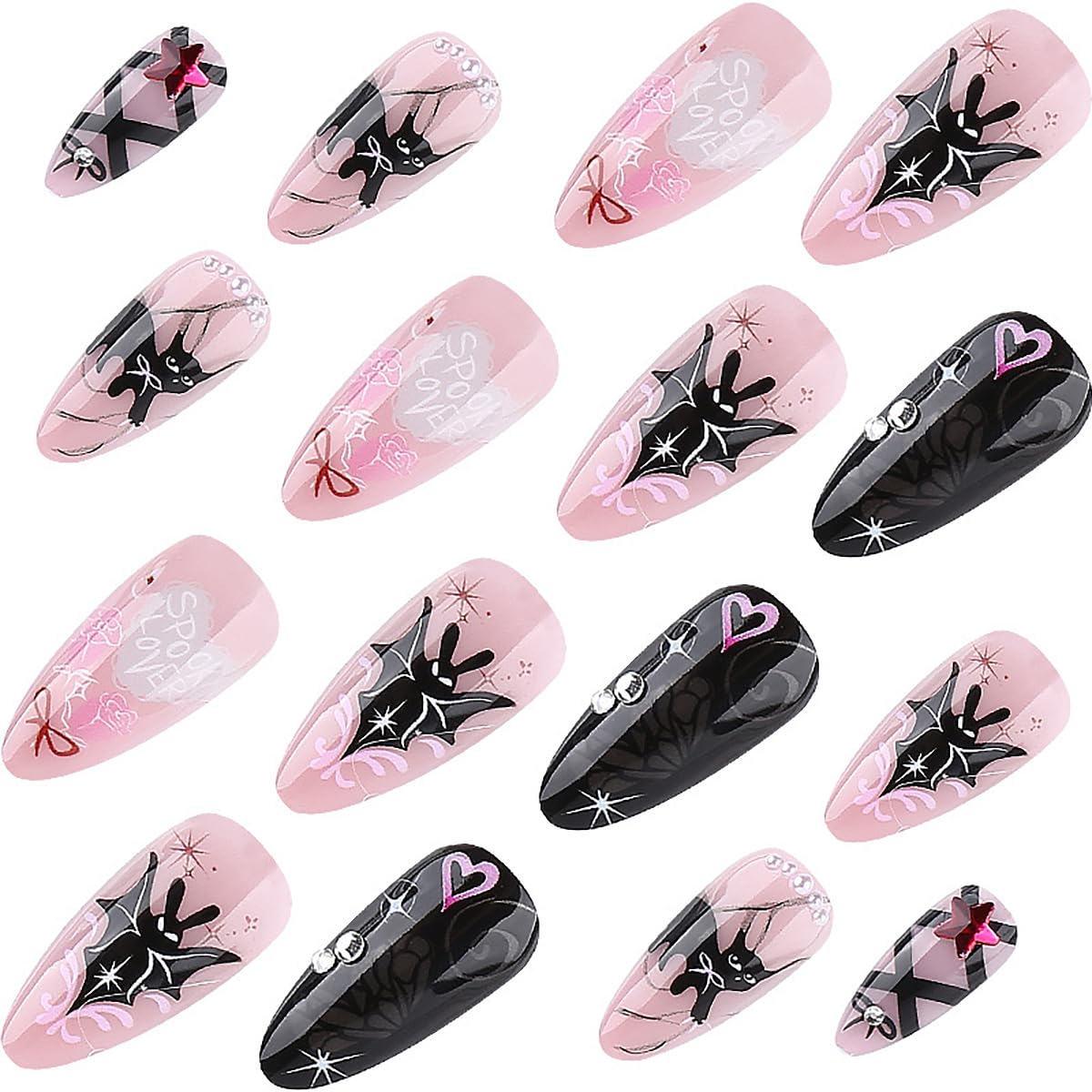 24Pcs Halloween Press on Nails Almond Medium Fake Nails Y2k Bat Cat Heart Star Rhinestone Design Gothic Acrylic Nails Black Pink Glue on Nails Bow False Nails Halloween Artificial Nails for Women