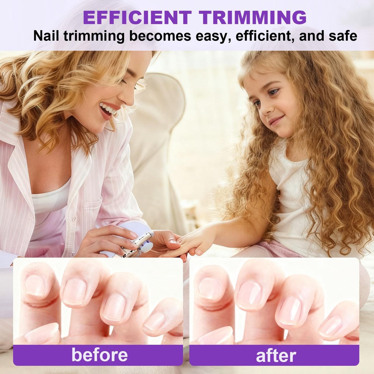 Electric Nail Clipper, 2 in 1 Electric Nail Clippers for Seniors and Adults, Baby Automatic Nail Clipper with Polishing, Light & Storage, Smart Nail Clipper 2-Speed for Fingernail (Purple)