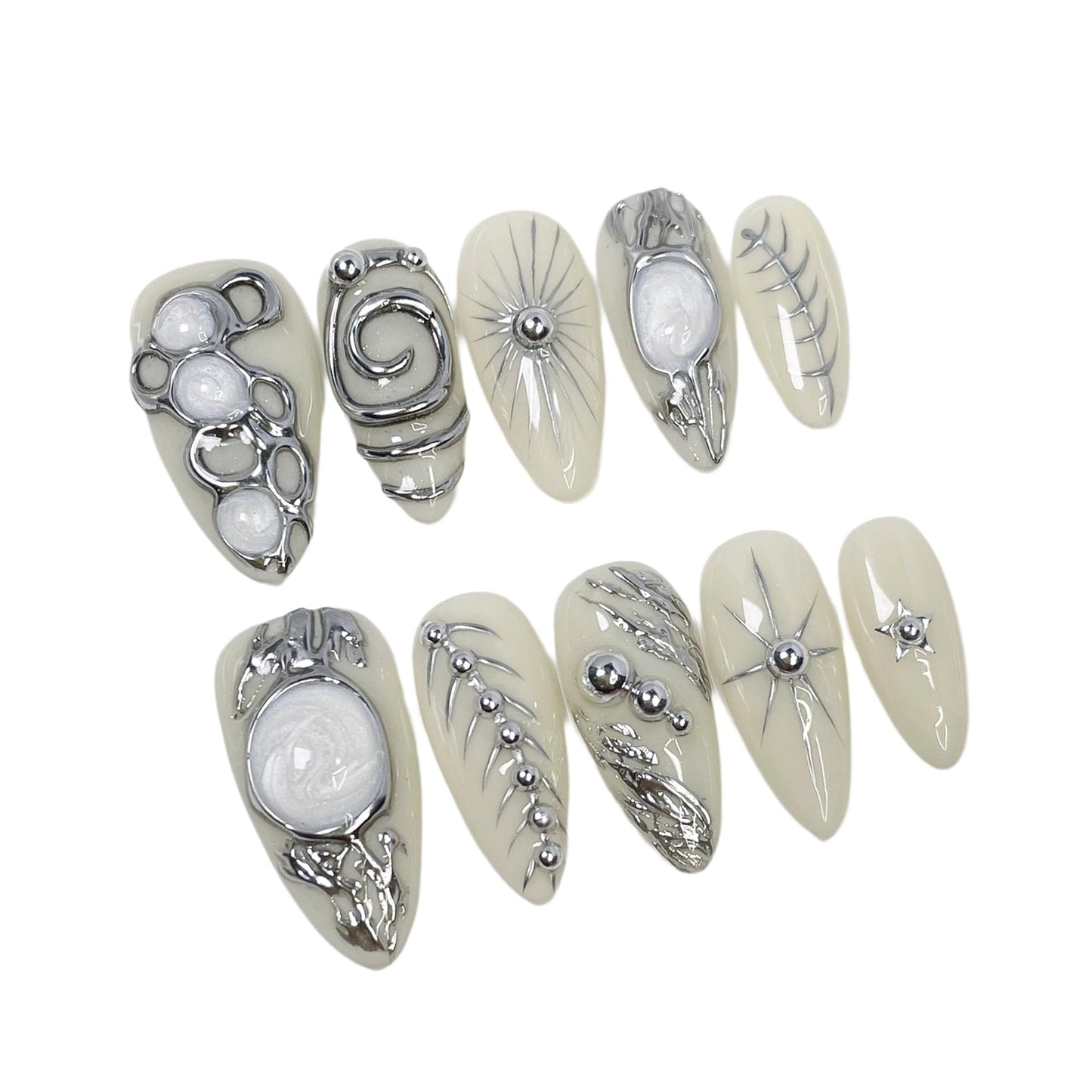 10Pcs Almond Press on Nails Handmade Short Fake Nails with Metallic Silver Design Hand-Painted 3D Art & Round Cat Eye False Nails Press ons Sparkly Reusable Acrylic Stick on Nail for Women (Size M)