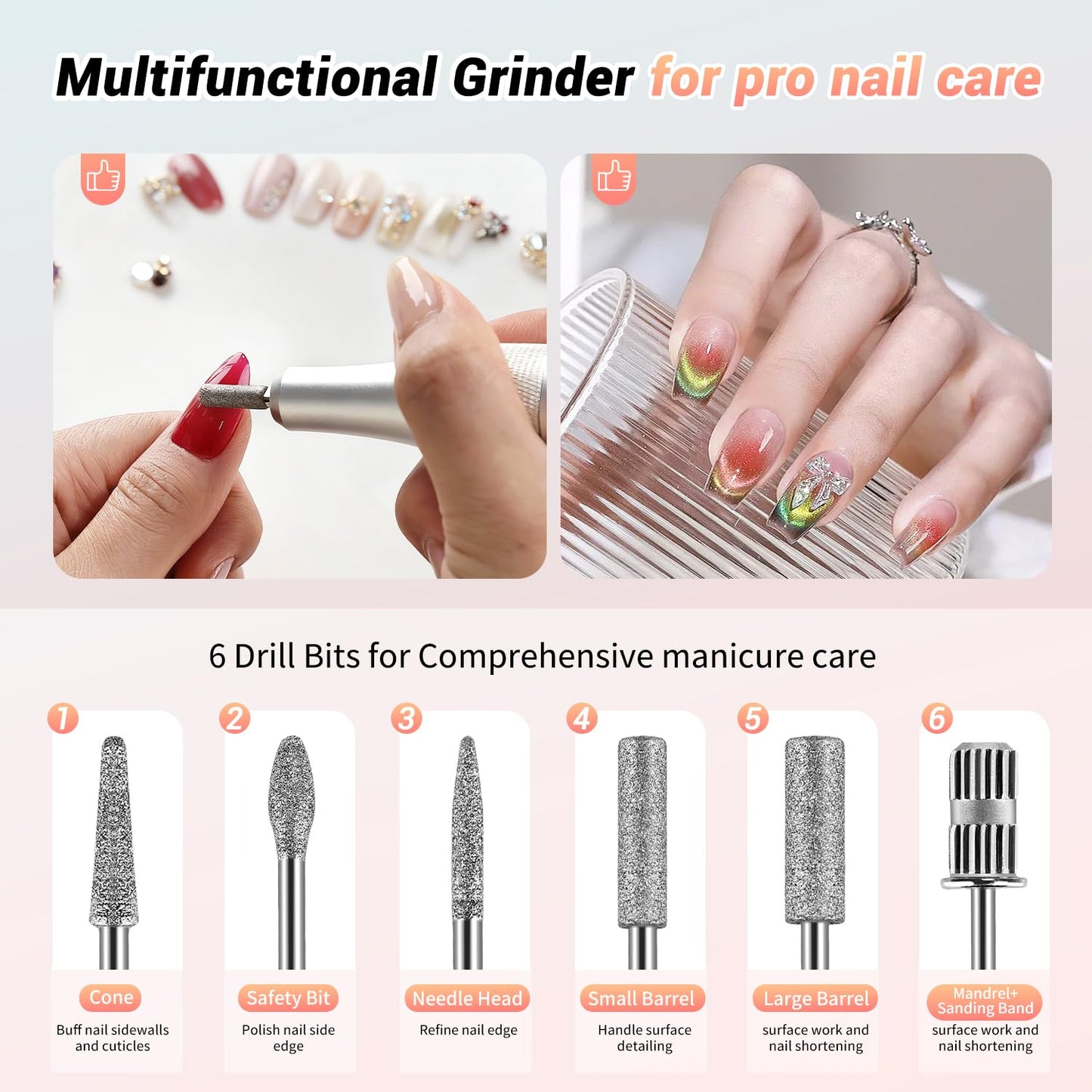 JEWHITENY Rechargeable Cordless Nail Drill for Beginners,Professional Nail Drill 45000RPM,SG717 Electric Nail File for Acrylic Gel Nails,Remove Nail Gel Polish(Pink)