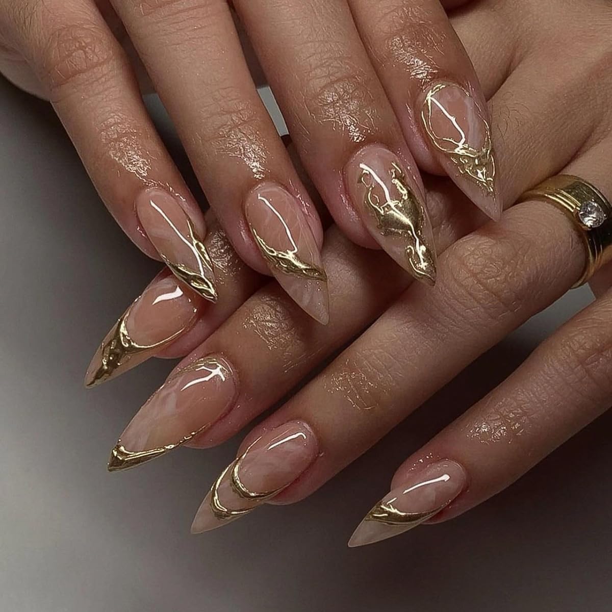 Glamorous Acrylic Nail Set, Nude Tones with Gold Accents, Almond shape
