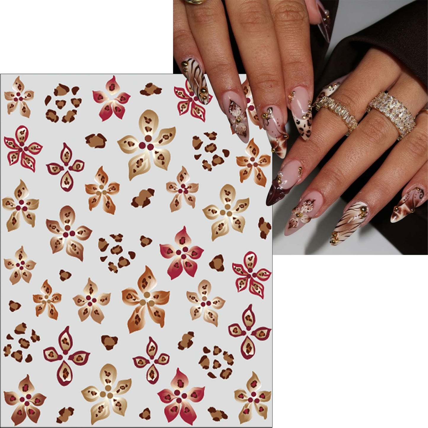 Leopard Print Hibiscus Flowers Nail Art Stickers Embossed Jelly Design Hawaiian Floral Nail Art Supplies Cute French Cheetah Print Nail Art Accessories for Women Manicure Decorations 6 Sheets