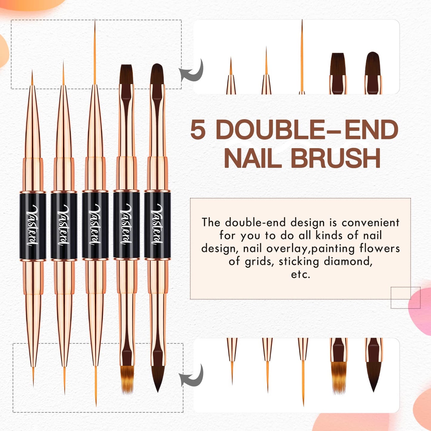 Yasterd Nail Art Brush Set Professional- 5pcs Double-Ended Nail Art Brushes for Long Lines, Thin Liner brush for Nails Detail, Nail Design Brush Ombre Brush 3D Brush Kits for Gel Polish Acrylic Nail Drawing