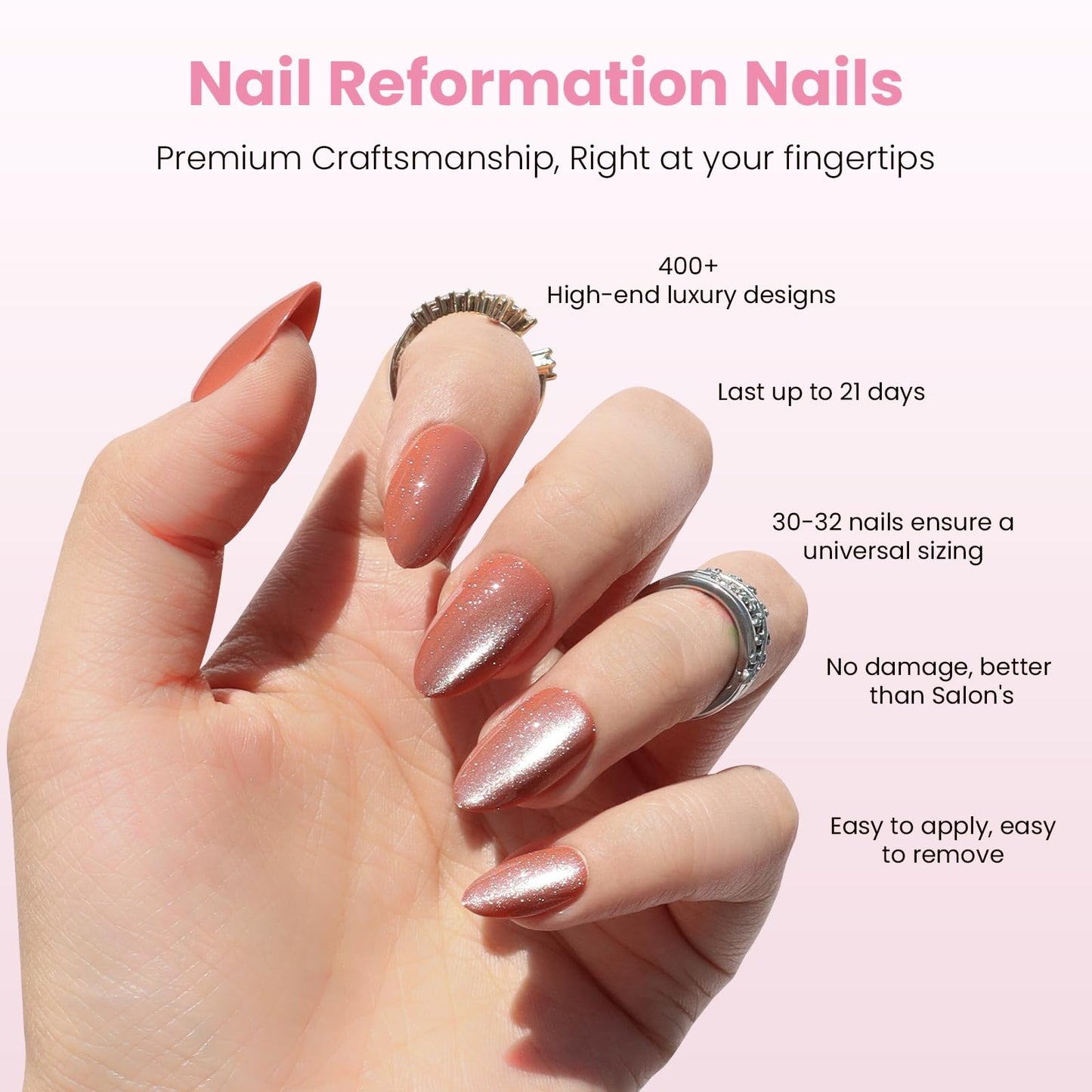 Nail Reformation Press On Nails, Amber Gold Short Almond Fake Nails with Cat Eye Velvet Finish, Natural Reusable Opaque Stick On Nails in 16 Sizes - 32 Nail Kit with Glue, Manicure Gifts for Women