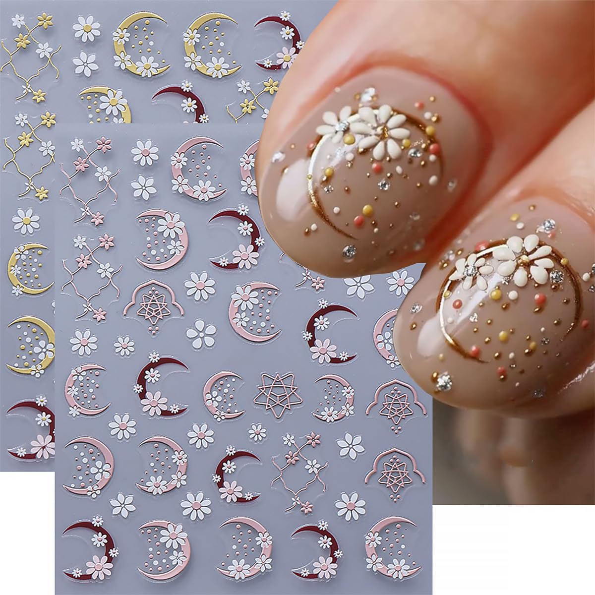 4 Sheets Flower Nail Stickers for Nail Art Pink Yellow Daisy Nail Decals Glitter Gilding Moon Nail Design Stickers 3D Self-Adhesive Flower Acrylic Nails Art Supply for Women Manicure Decorations Tips