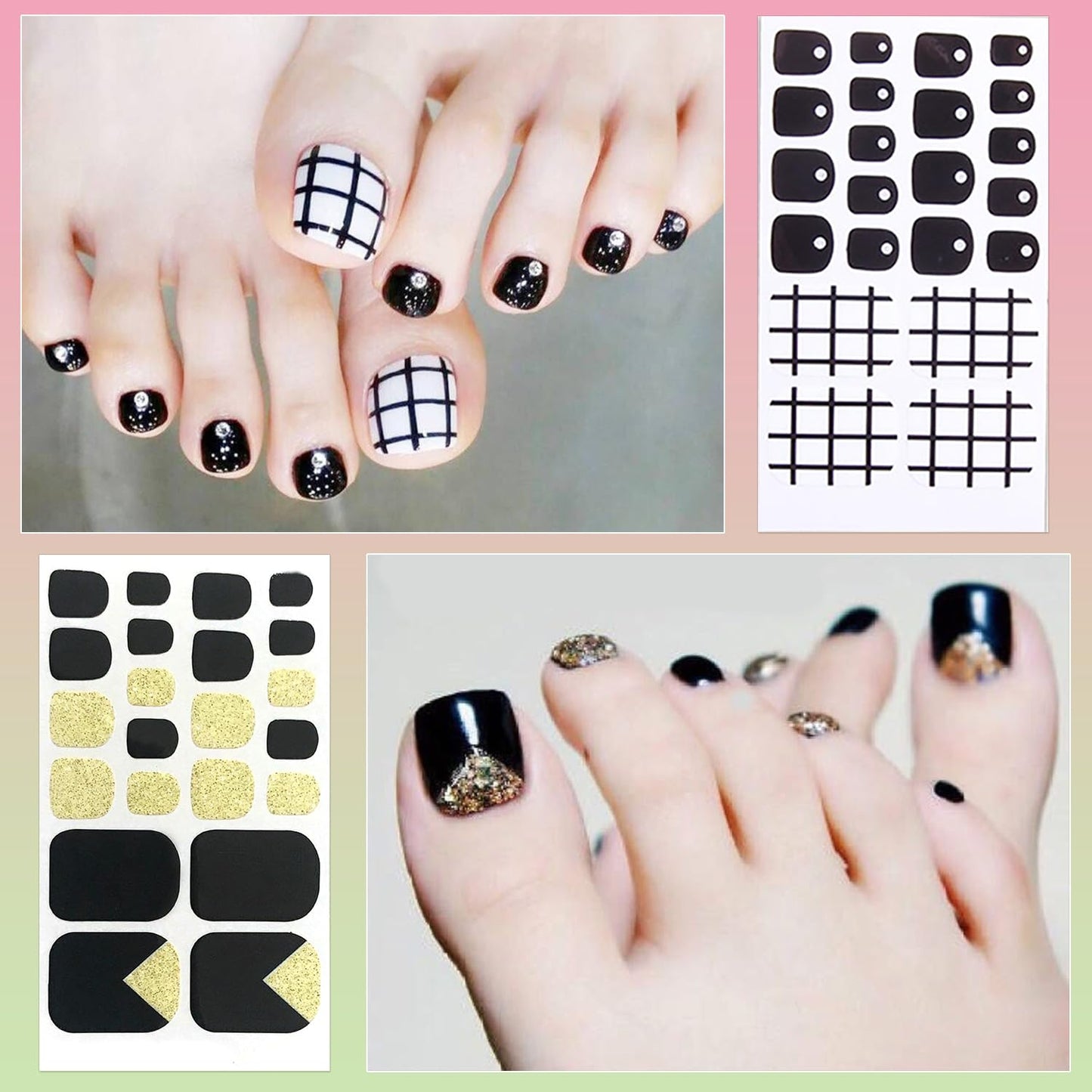 DANNEASY 20 Sheets Toe Nail Stickers Full Nail Wraps - Black, Toenails Polish Strips Self Adhesive Toenail Polish Stickers Gel Strips Manicure Sticker Nails for Women with File, Cuticle Stick