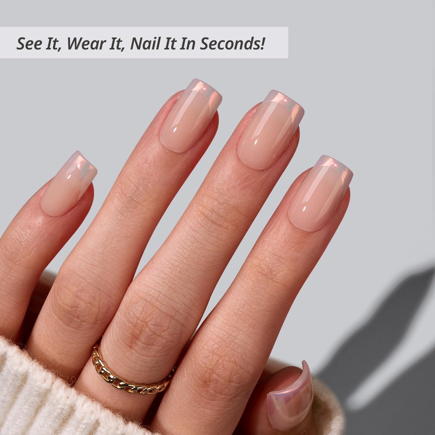BTArtbox Press On Nails Short - Muted Glitz, Lamp-Curable Nude Chrome French Tip Square Press On Nails with Glue and Adhesive Tabs for Women in 16 Sizes - 32 Nails All-in-One Kit