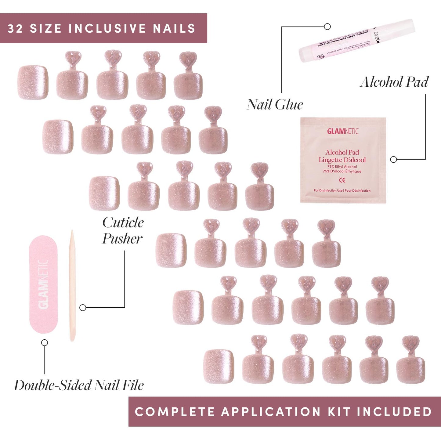 Glamnetic Press On Toenails - The Vow | Shimmery Nude Neutral Fake Toe Nails with a Velvet Finish | 16 Sizes - 32 Toe Nail Kit with Glue