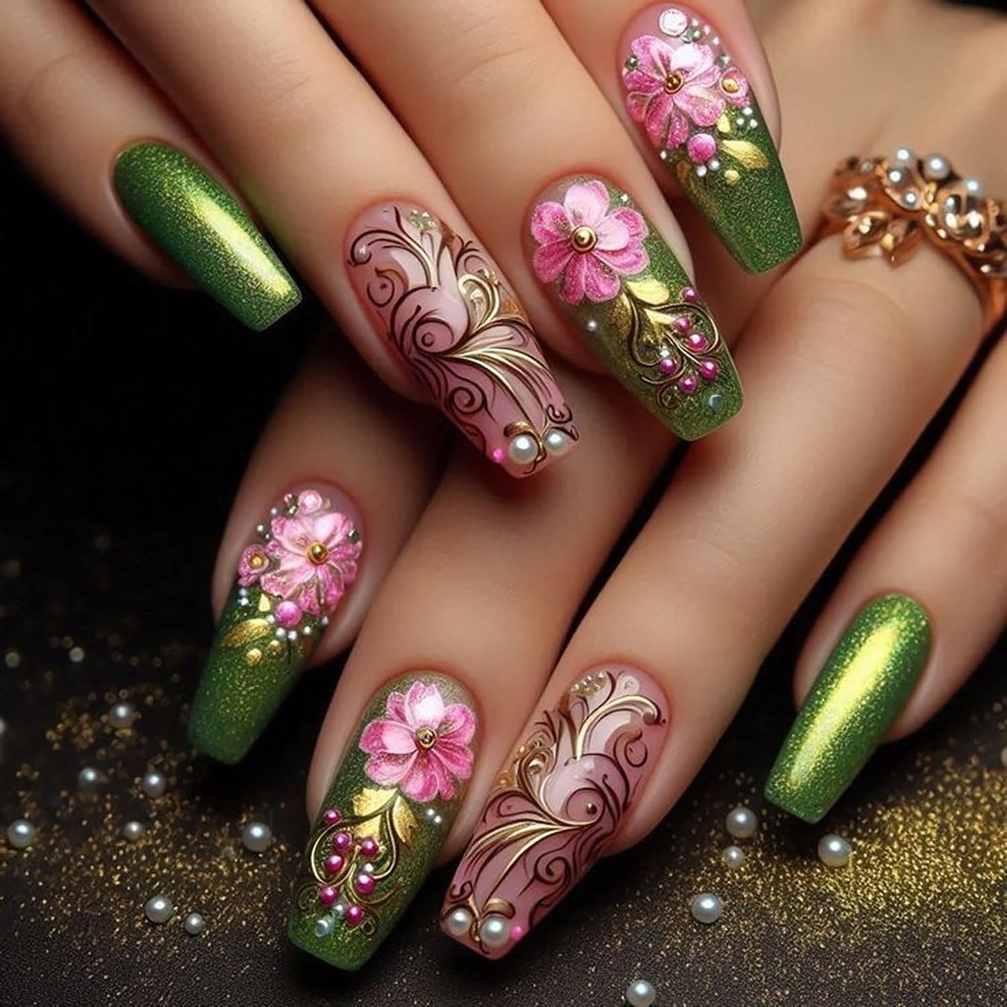 Pink Flower Press on Nails Medium Length Ballet Shaped Spring Summer Green French False Nail Press Ons with Design Pearl Stick on Nails Full Cover Artificial Acrylic Nail for Women Manicure Decoration