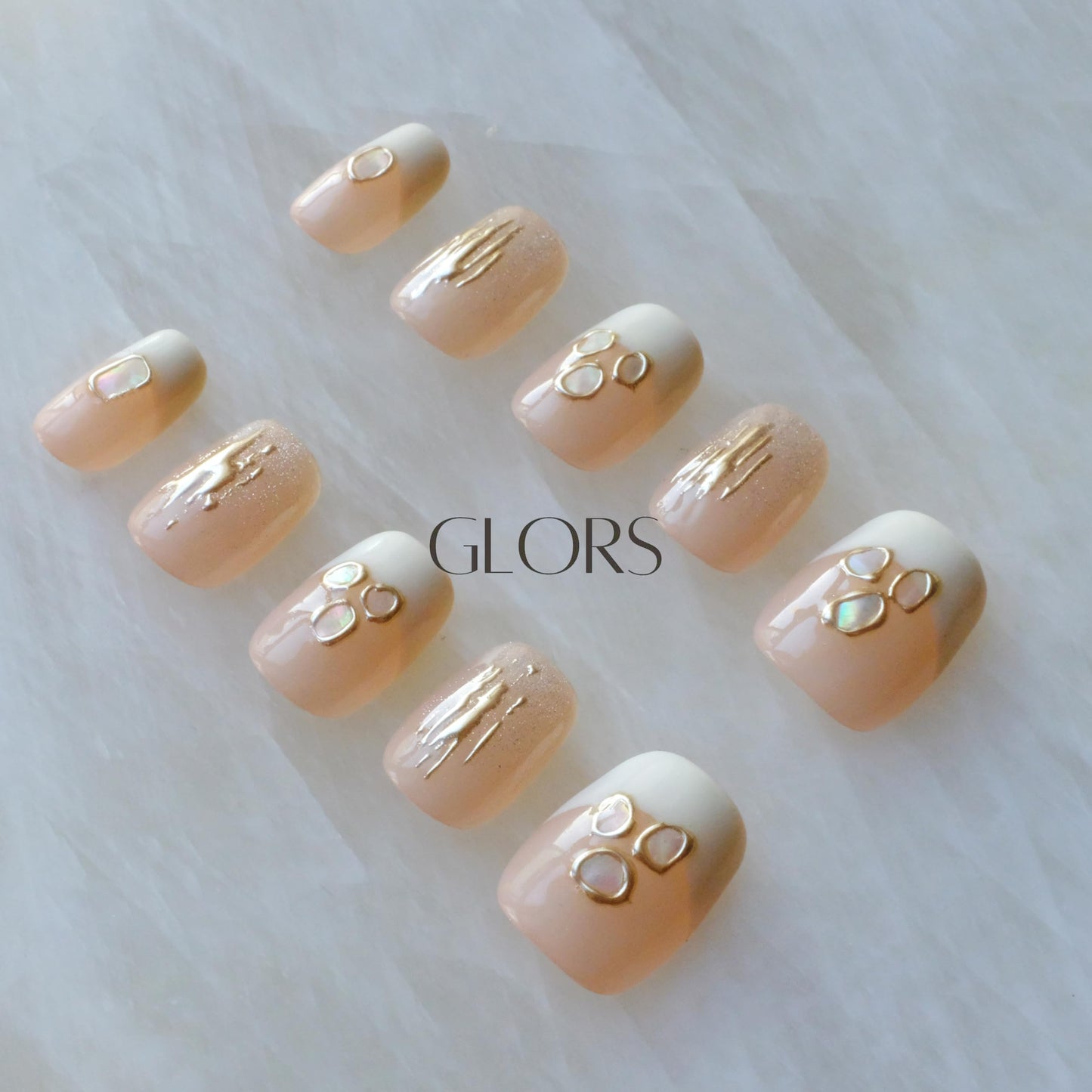 [GLORS] Purely Handmade Press On Nails | Mica Love - Shell Piece Pure and Seductive Nail Art | Salon Quality Fake False Nails in Short Square 10 pieces (XS, SS)