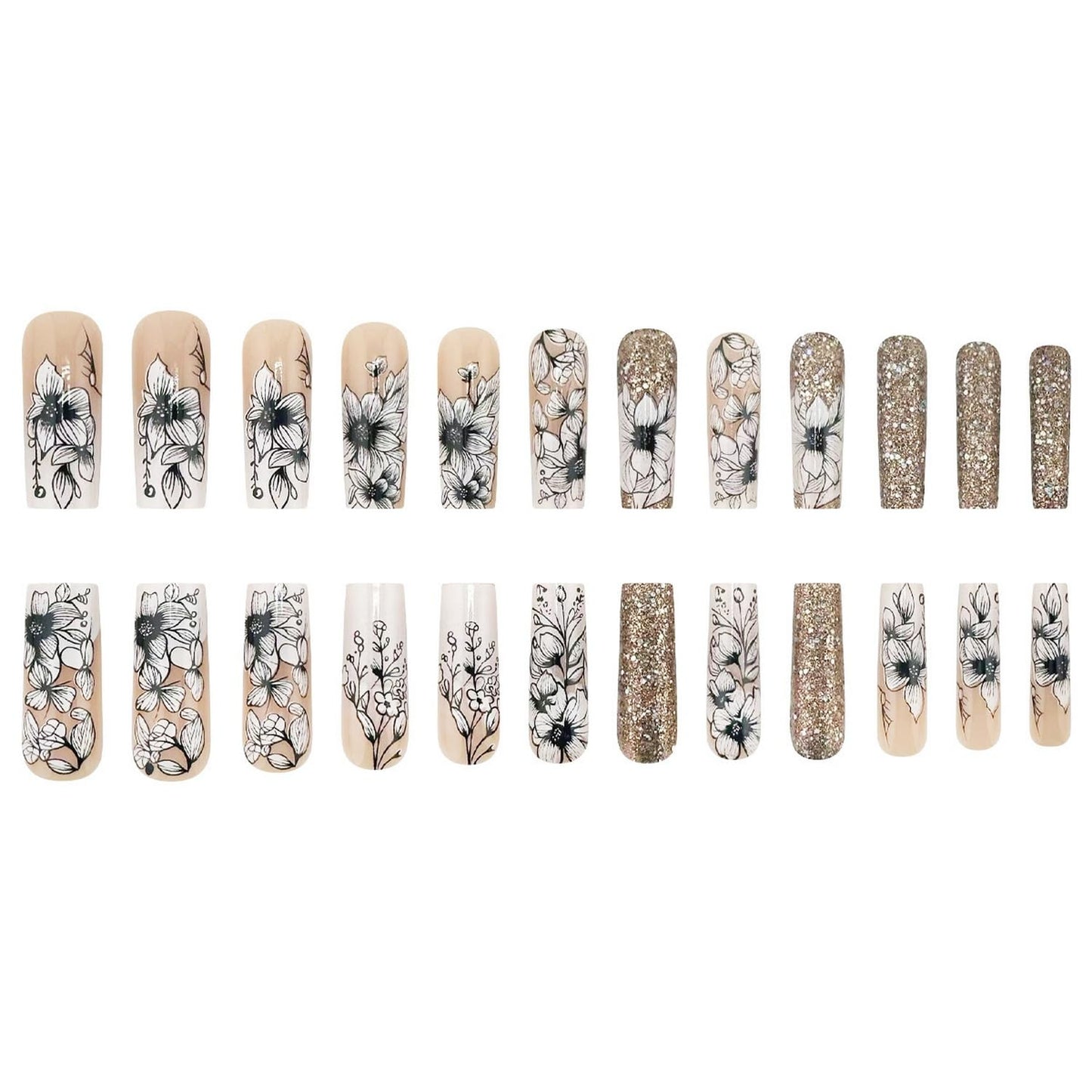 Long Press on Nails Square Fake Nails with Flower designs Stick on Nails Black White False Nails Glossy Full Cover Coffin Acrylic Nails Glitter Glue on Nails for Women Girls Spring Summer 24pcs