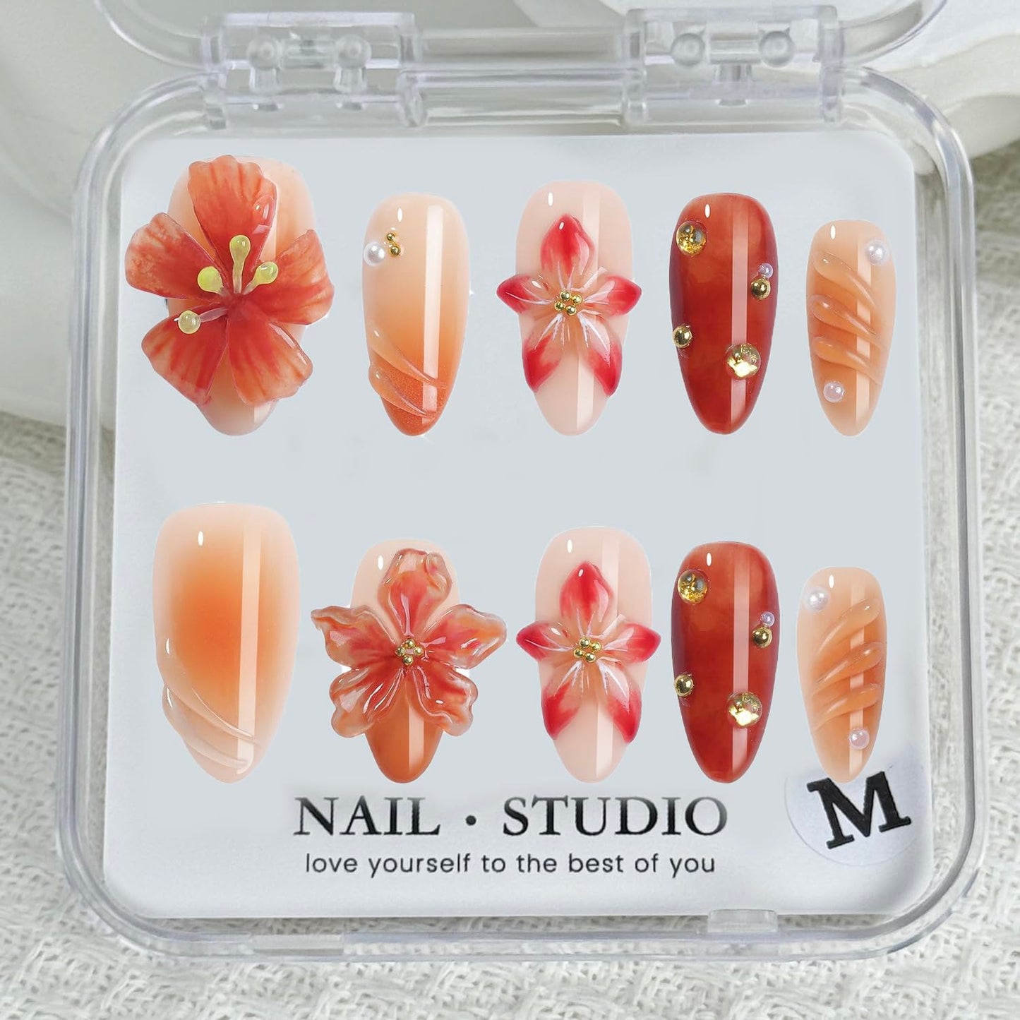 Handmade Press on Nails French Medium Almond Fake Nails with 3D Flower Pink Red Gradient Design Gold Maple Leaf False Nails for Girls Manicure Art Decoration Accessories (Size S)