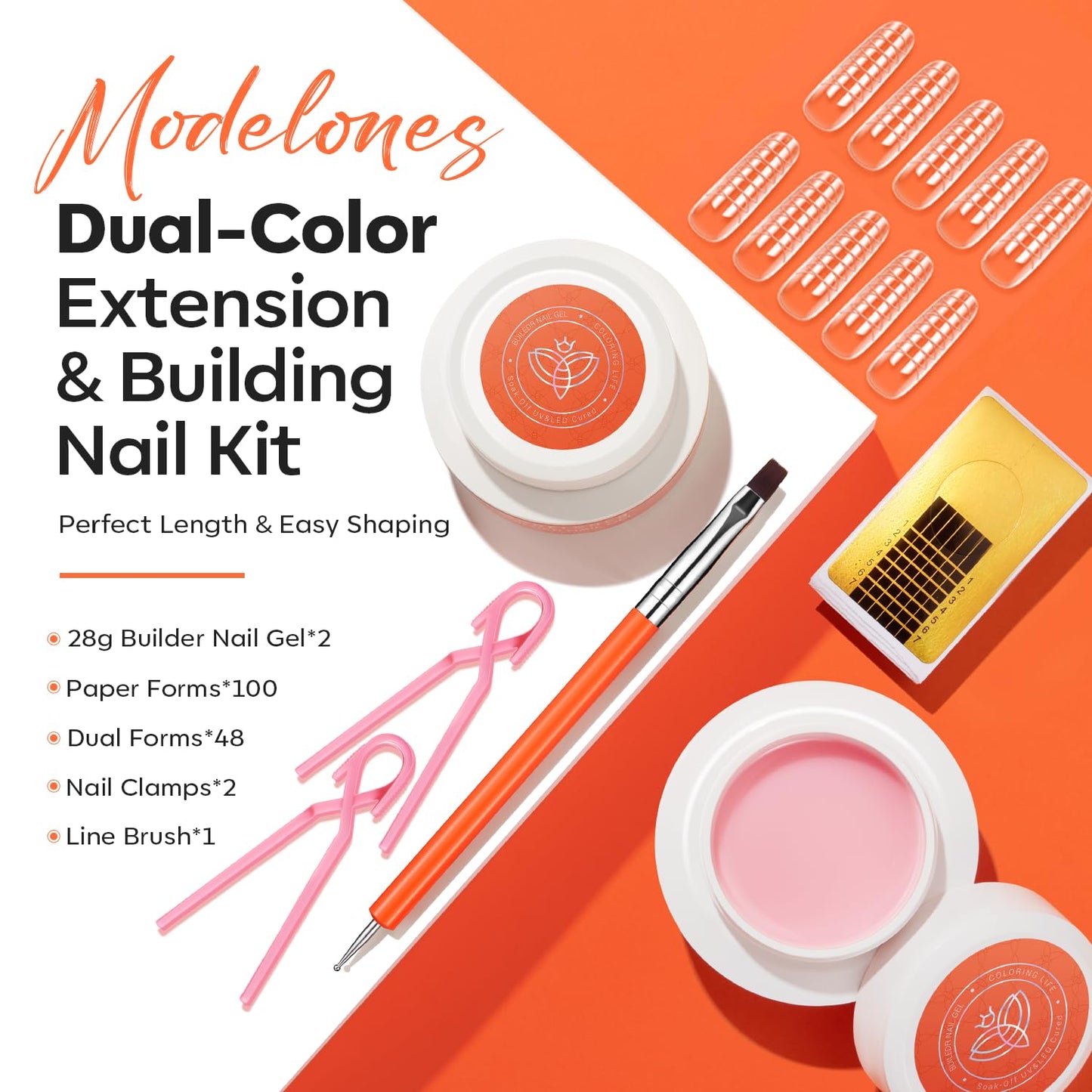 modelones Gel Builder for Nails 2 Colors, 10-in-One Builder Hard Gel Nail Kit Clear Nude with Dual End Brush, Acrylic Clamps, 100PCS Paper Forms for Sculpting Extension Overlays Salon LED Cured