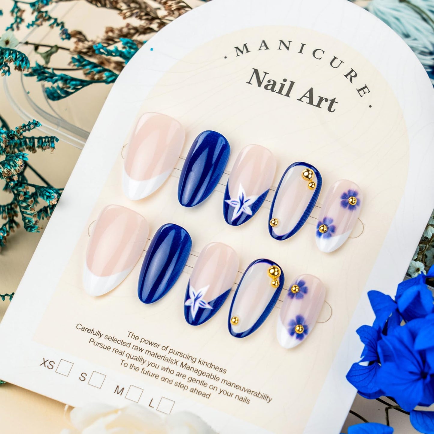 30Pcs Blue Flower Press on Nails - Short Almond French Tip Fake Nails with 3D Gold Beads Design Flowers False Nails Nude Glossy Full Cover Spring Summer Floral Gel Artificial Stick on Nails for Women