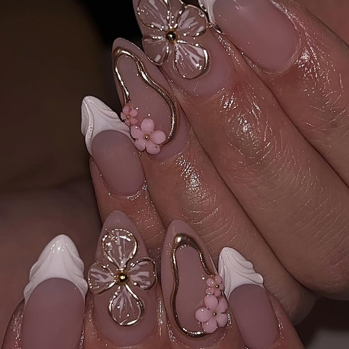 French Flower Press On Nails Almond Medium Fake Nails Press Ons With Gold Hollow Out Design False Nails Glossy Spring Glue On Nails Full Cover Stick On Nails For Women Nail Decorations