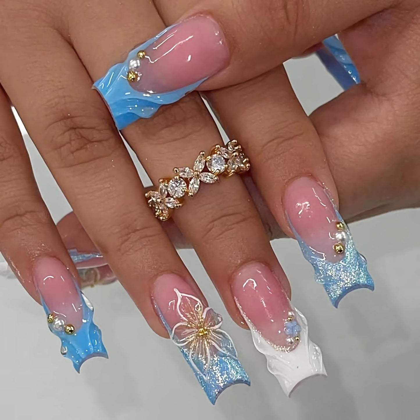 BABALAL Press On Nails, Extra Long Square Fake Nails, Baby Blue with 3D Flower & Gold Pearl Design, Glossy Mermaid Luxury Reusable Glue On Nails for Women and Girls 24Pcs