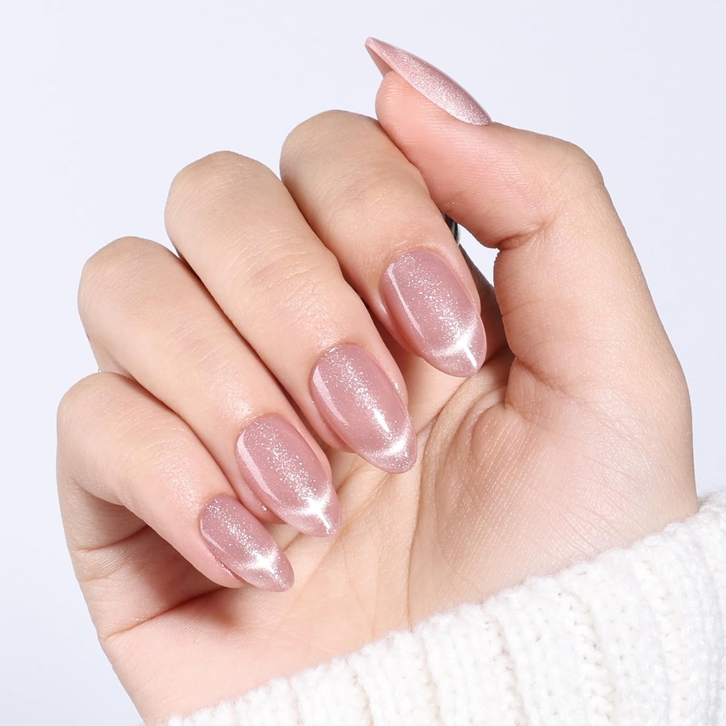 Pink Cat Eye Press On Nails - Short Almond Cat Eye French Tip Press On Nails Press Ons for Women Fake Nails with Glue, Glossy Reusable Glue on Nail in 16 Sizes - 32pcs