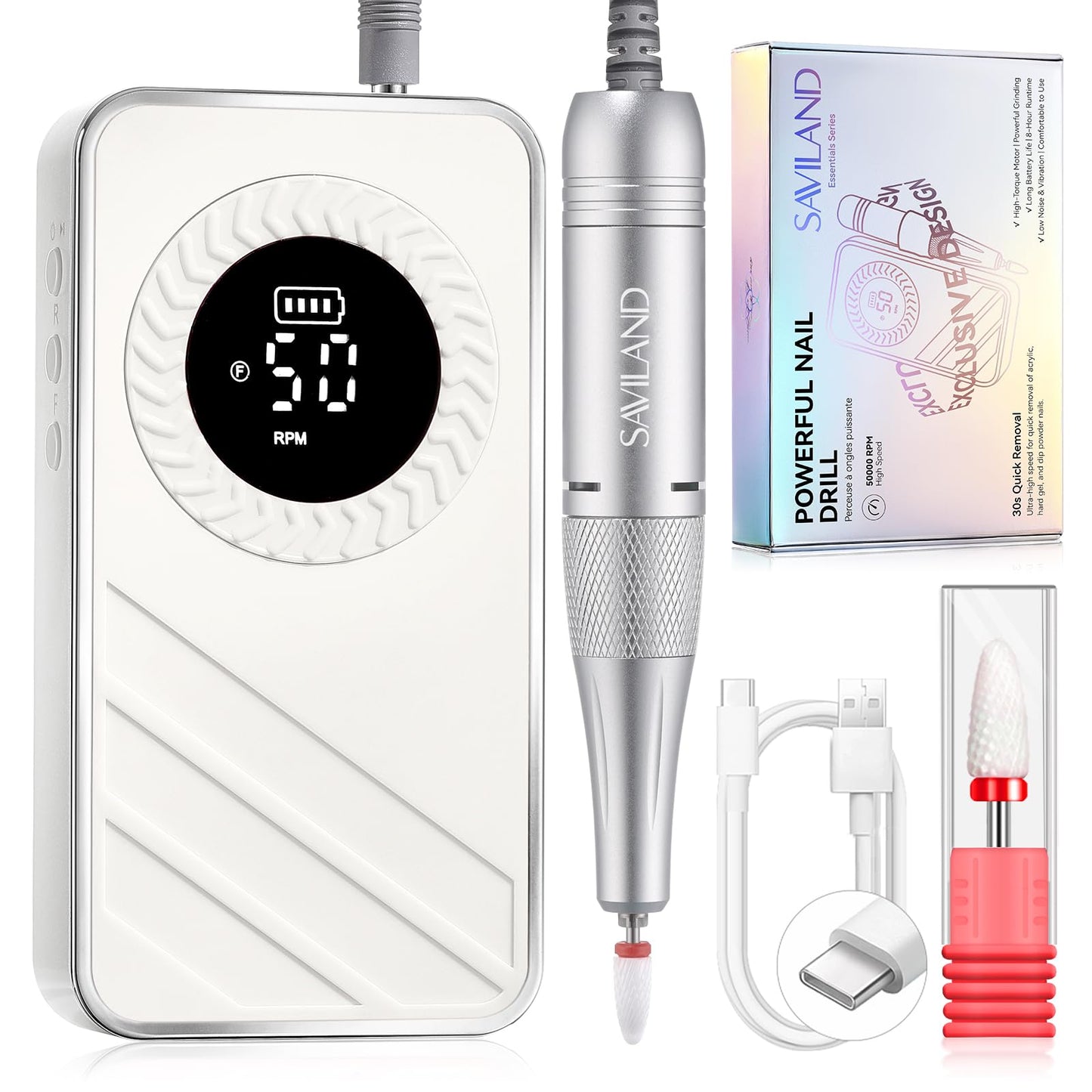 Saviland 30s Fast Removal Electric Nail Drills 50000 RPM: 2026 Professional Cordless Nail File for Acrylic Nails Gel Polish Dip Powder Manicure Pedicure 1200mAh LCD Display White