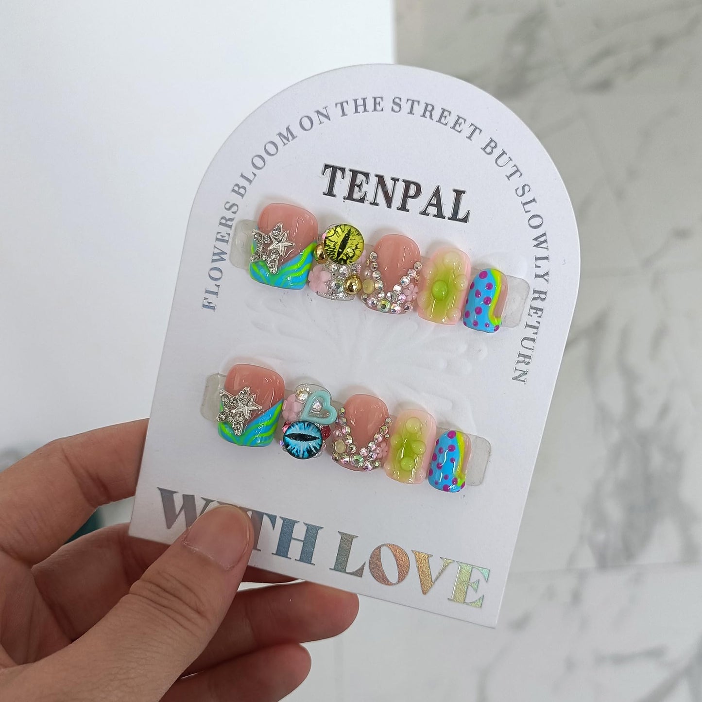 TENPAL V-Shape French Tips Square Nails,Acrylic Press on Nails with 10pcs Kit,Sweet Edgy Y2K Hand-Painted Art False Nails,Neon Yellow-Green Fake Nails with 3D Stars, Hearts, Rhinestones Flowers(S)