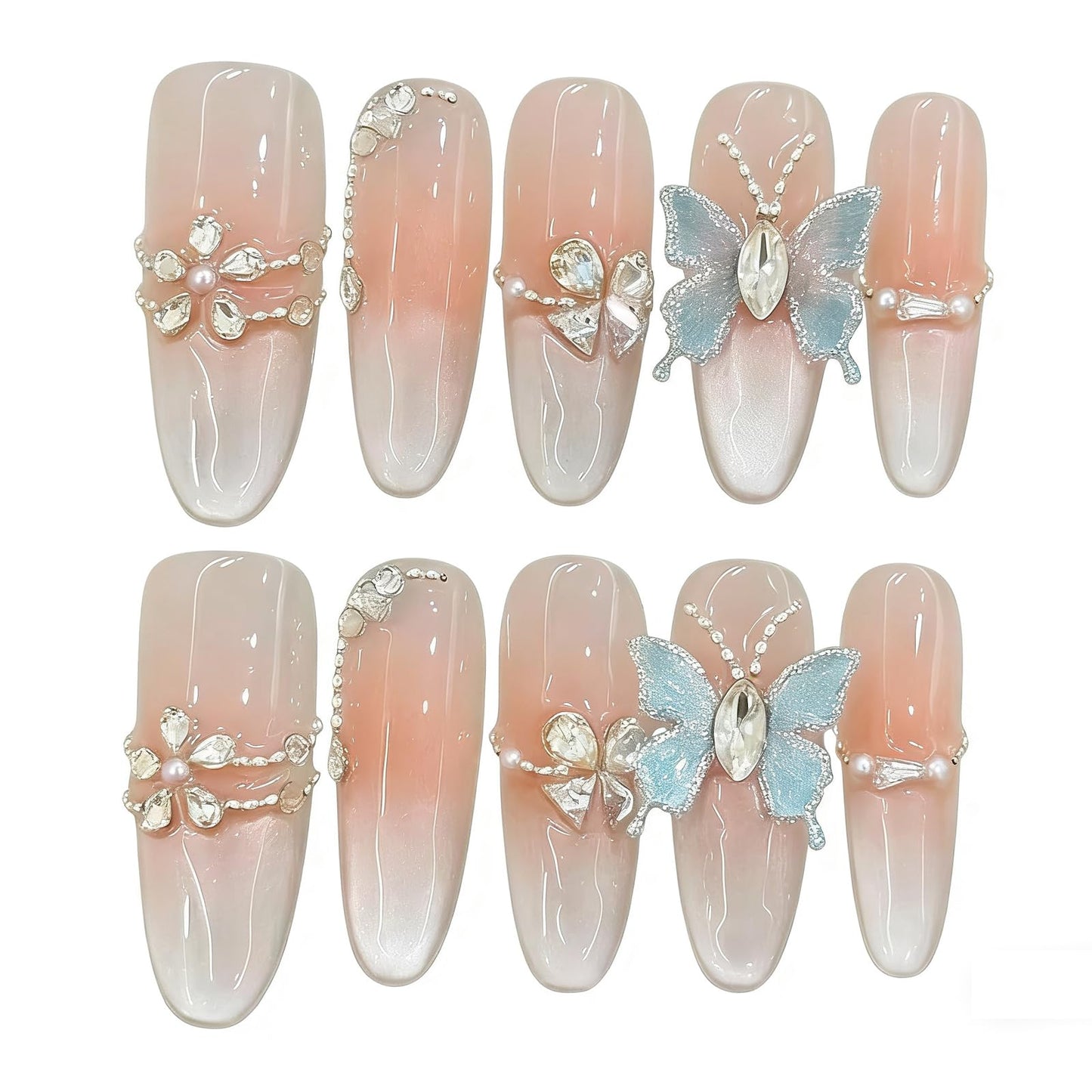Handmade Press on Nails Stiletto Elegant Almond Shaped Nails in Pink and White Embellished with Rhinestone Butterflies Handmade Stiletto Press on Nails 3D Luxury Press on Nails（M）
