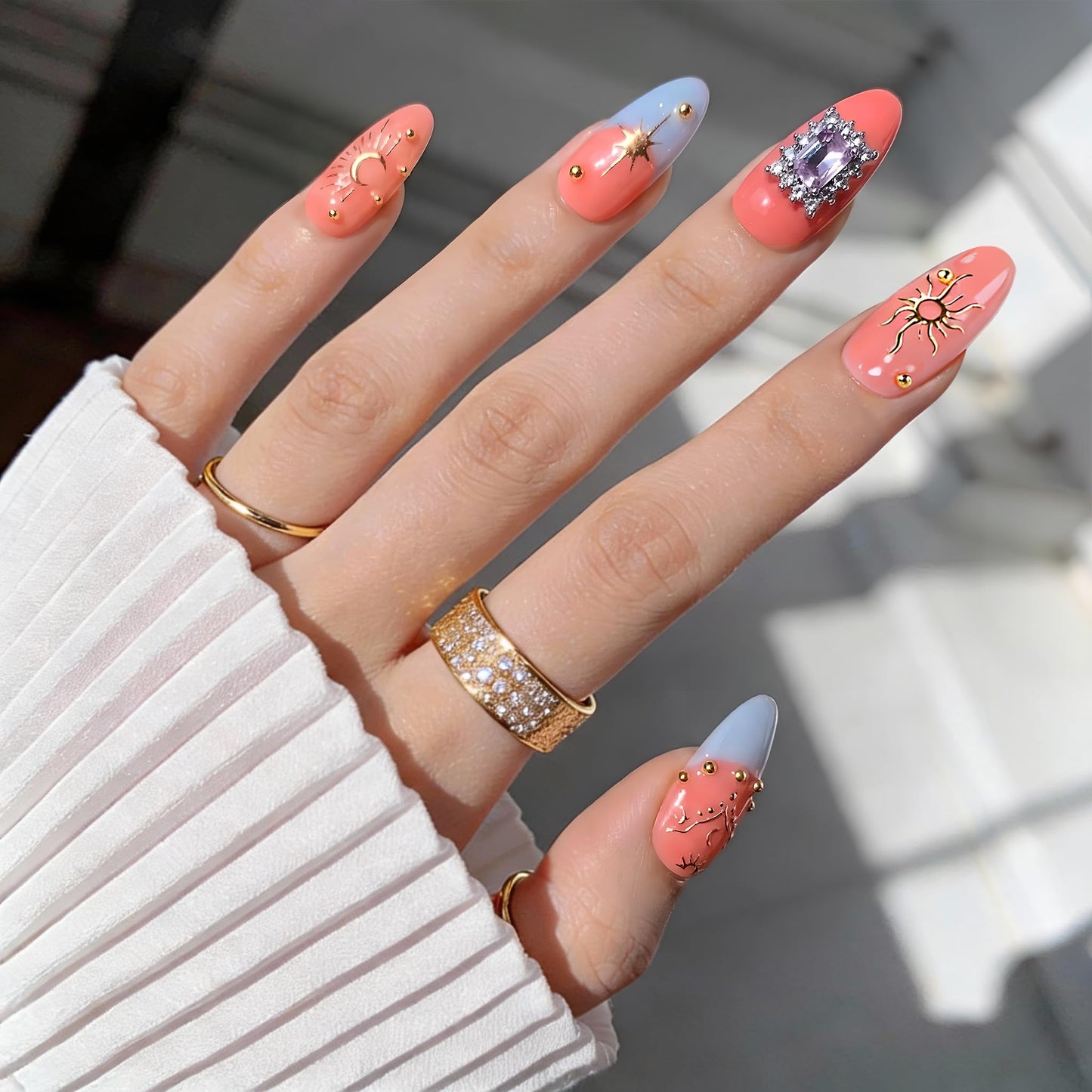 24Pcs Handmade Press on Nails, 3D Coral Pink Fake Nails with Medium Length Almond, Cute Blue French Tips Manicure Kit with Gold Lines for Women