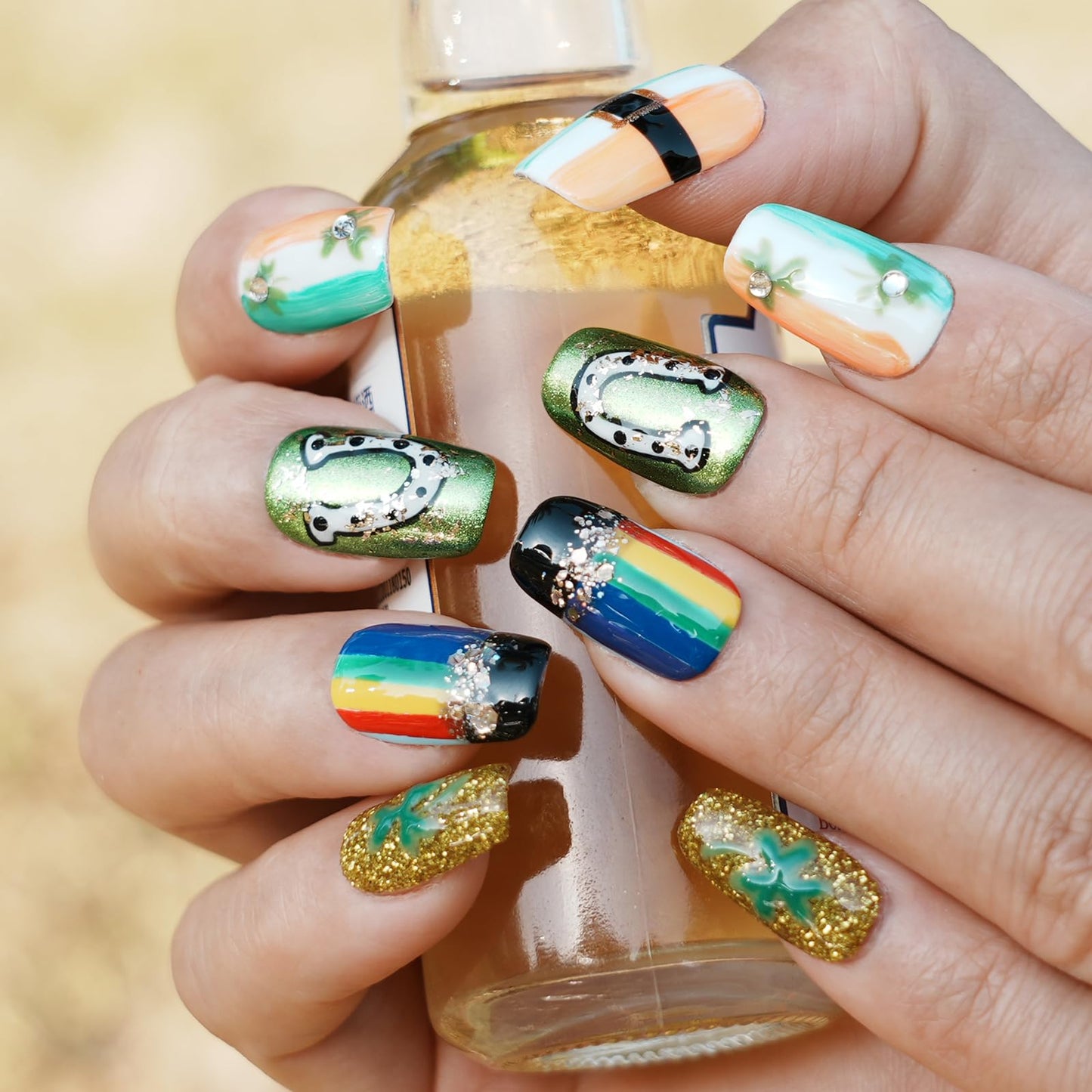 Tesytto Medium Square Press on Nails - Irish Flag Green White Orange Nails with Lucky Shamrock & Belt Design, Rainbow & 3D Gold Glitter Spring Summer Fake Nails (Size S)