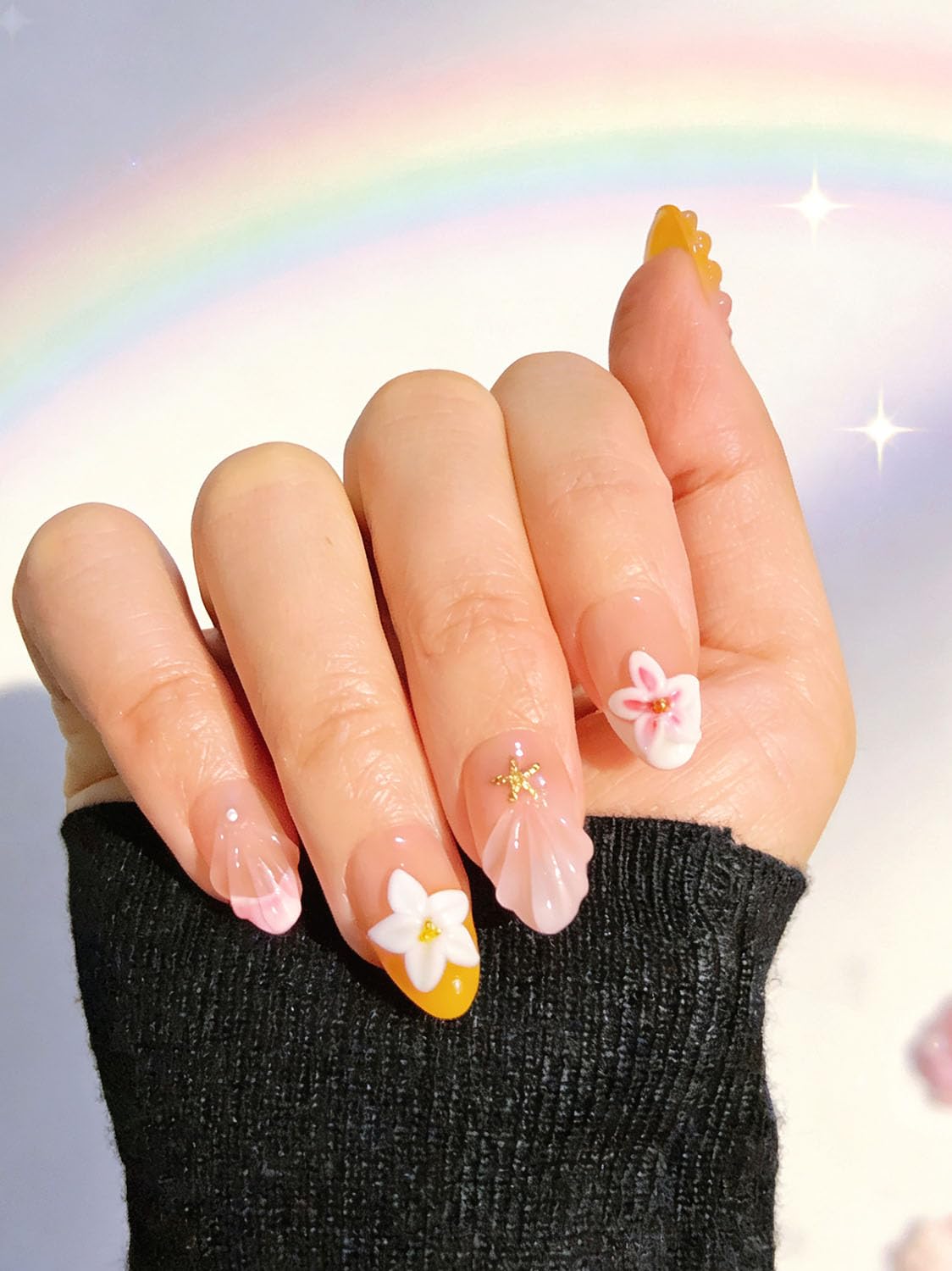 10Pcs Short Almond Handmade Press On Nails | Nude Pink & Yellow Ombre with 3D Seashell, Flower & Starfish Decor | Reusable Salon-Quality Fake Nails for Women and Girls (25902, XS)