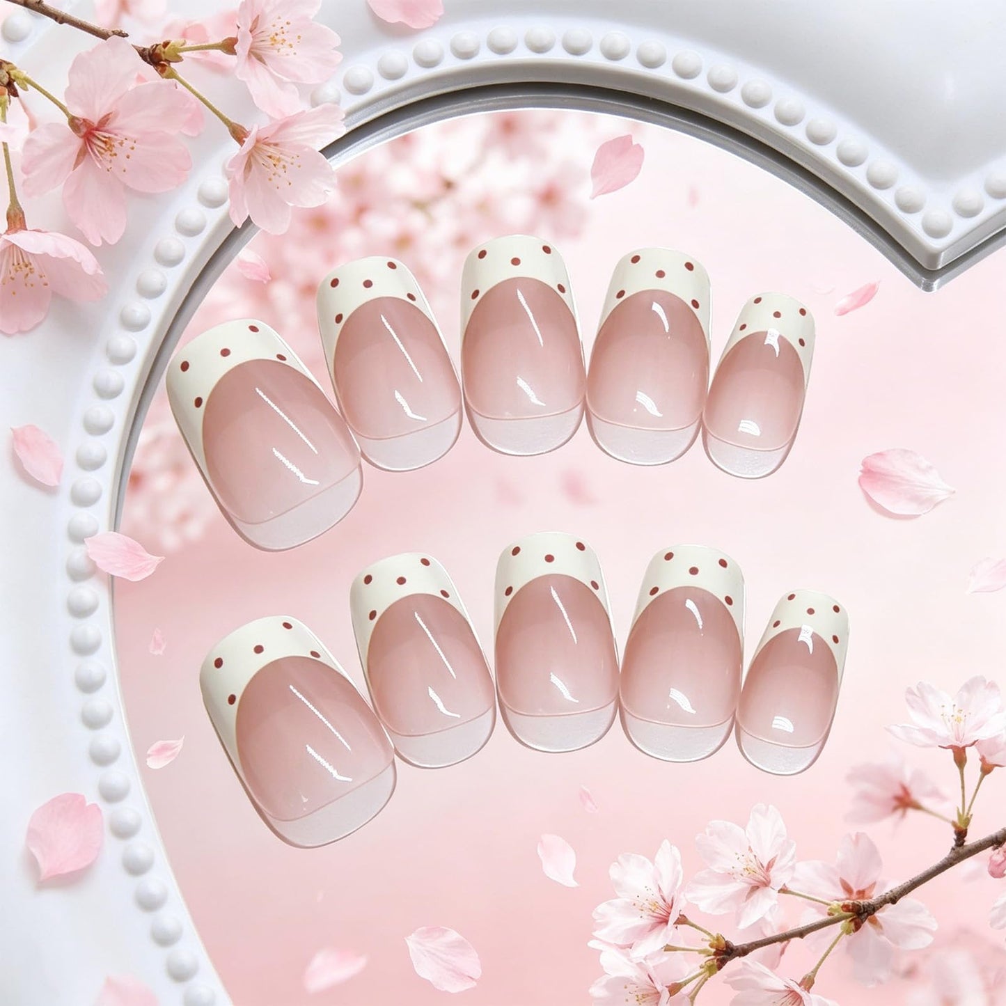 HZJXRT Press on Nails Short Square White French Tips False Nails with Fresh Design, Polka Dots Fake Nail Glossy Brown Stick on Artificial Fingernails Reusable Simple Stick on Nail for Women Daily Wear