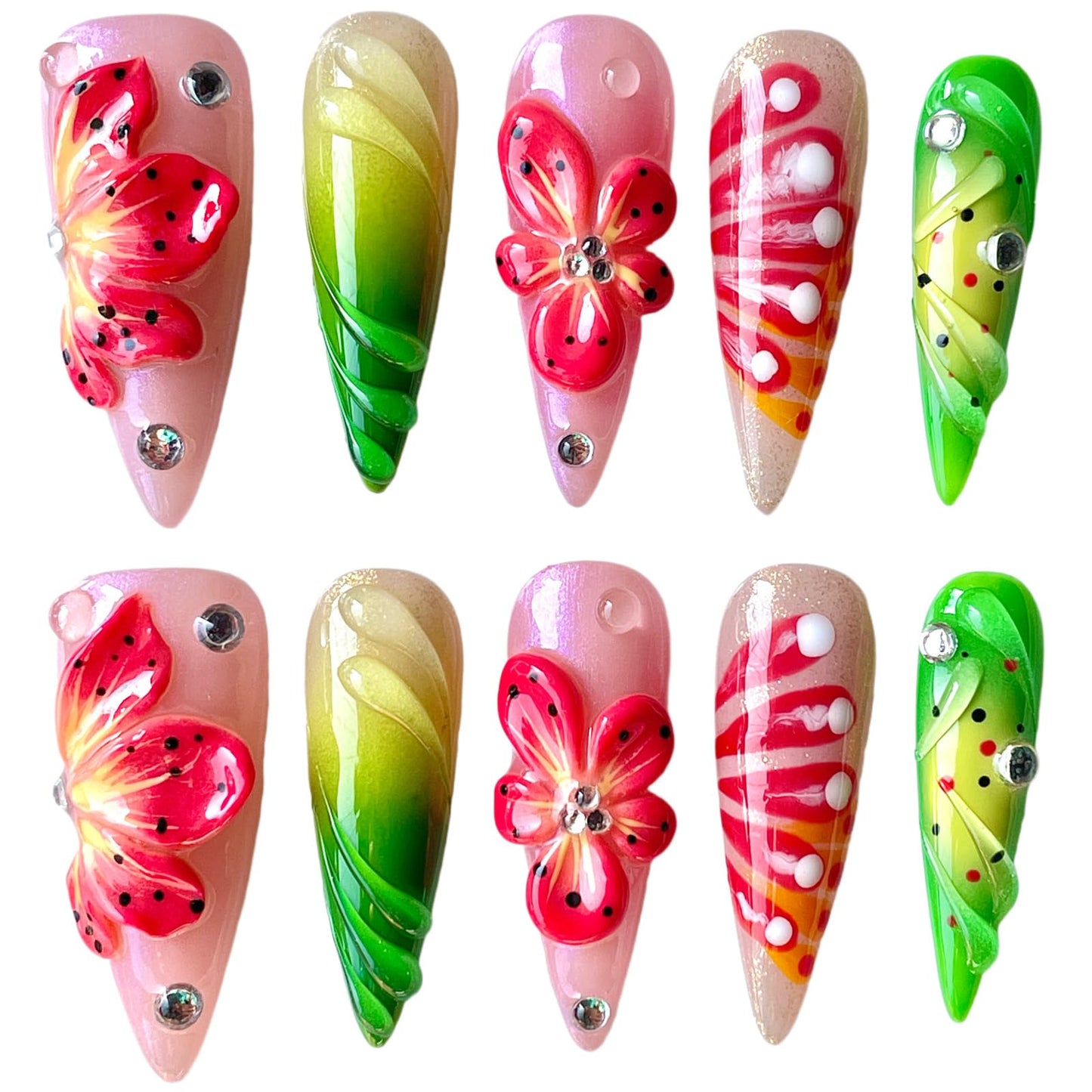 Handmade Press On Nails, Stiletto Shape, 3D Floral Botanical Muse Art, Vibrant Multi-Color Design, Thick Acrylic Fake Nails Set Tropical (S)