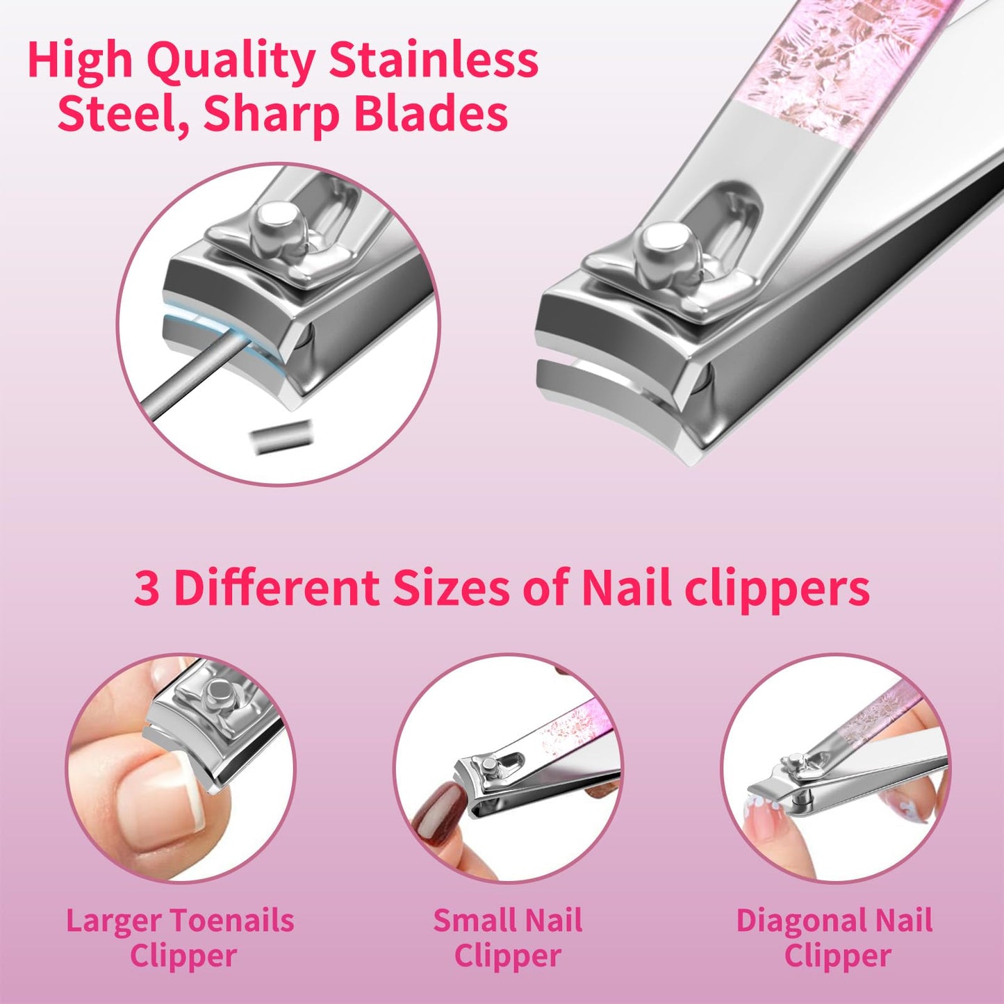 OFIDUS Nail Clippers Set Fingernail and Toenail Clipper Cutters, Professional Manicure Pedicure Kit 18Pcs, Nail Care Grooming Tools with Luxurious Travel Case (Diamond Rose)