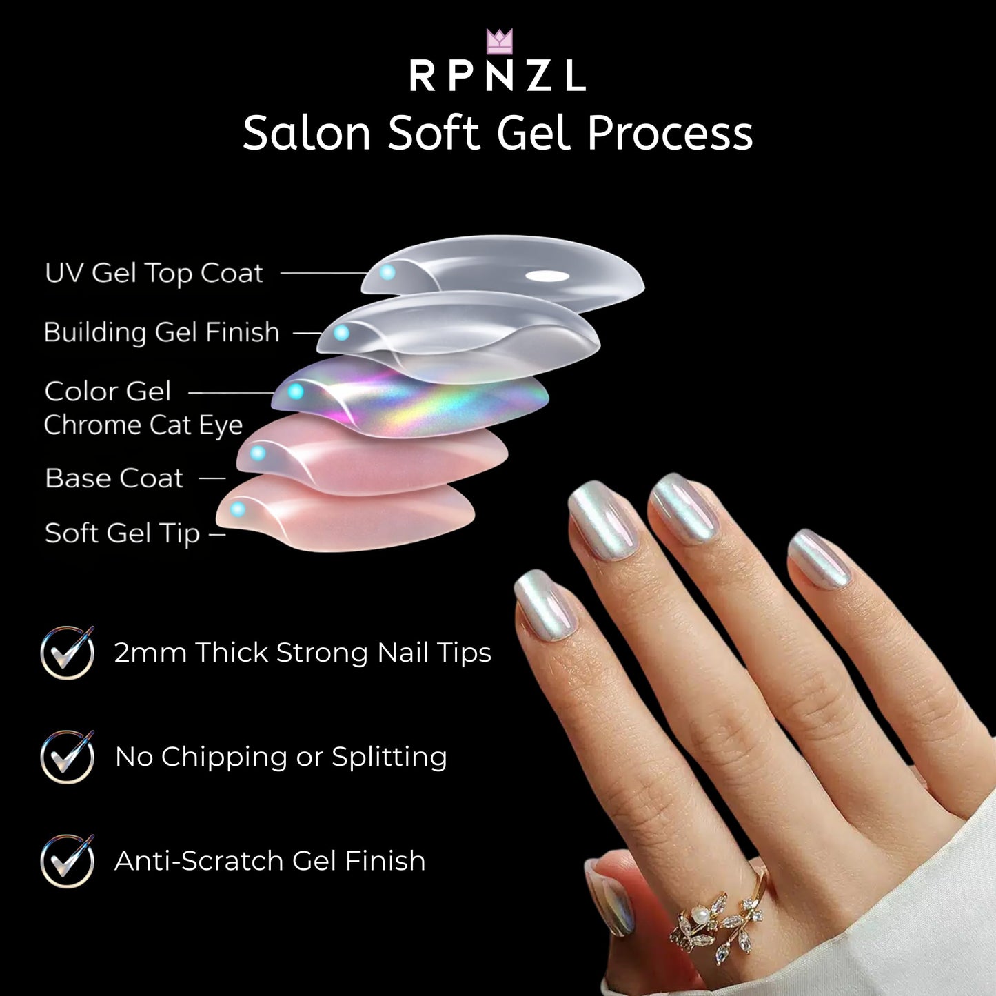 RPNZL Press On Nails - Opal | Chrome Cateye High Gloss Square Fake Nails, Salon Quality| 32 Nails, 16 Sizes Kit with Glue and Adhesive Tabs I Female Founded - Beauty, Self Care
