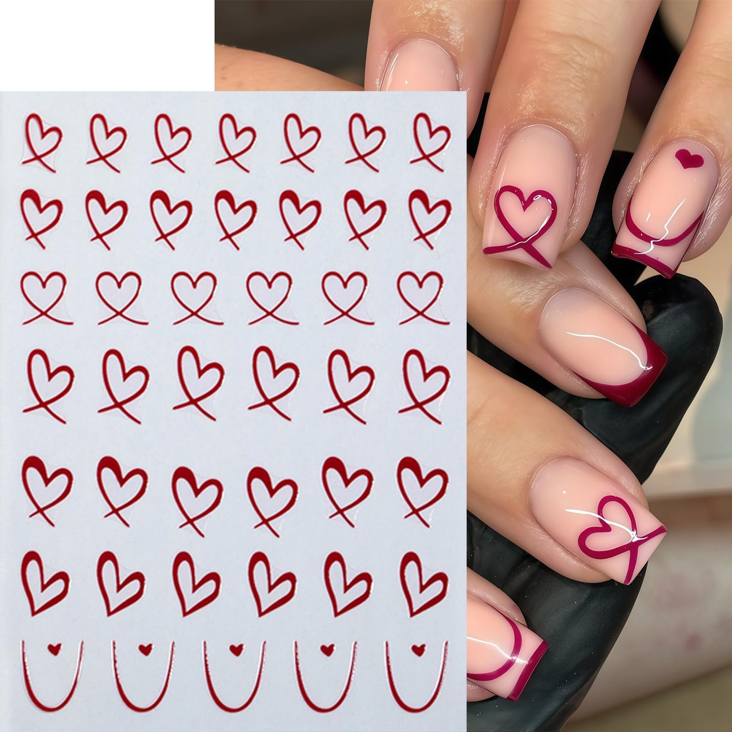 8Sheets Valentines Day Nail Art Sticker Set 3D Self Adhesive Hearts Nail Decals Love Hollow Peach Heart Shaped Nail Design Valentine French Sticker Nail Supplies for Women Valentine Holiday Nail Decor