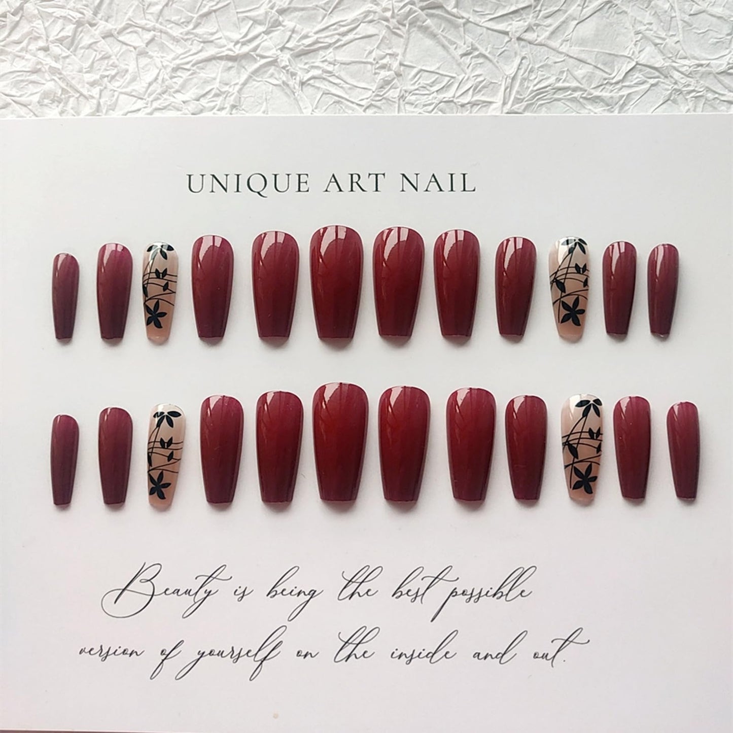 24 PCS Burgundy Floral Press on Nails, Long Square Fake Nails Kit with Black Leaf, Reusable Glossy Wine Red Acrylic Press On Nail False Nails for Women and Daily Wear