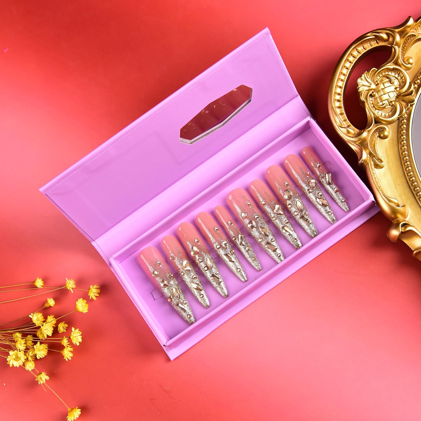 Tmani 10pc/set Extra Long Handmade Press On Nail Hot Girl's Long Ballet Nails Pointed Nail Full of Diamond Glitter Decoration Fake Nails Suitable For Girls Festival Parties and Birthday Gift (140,M)