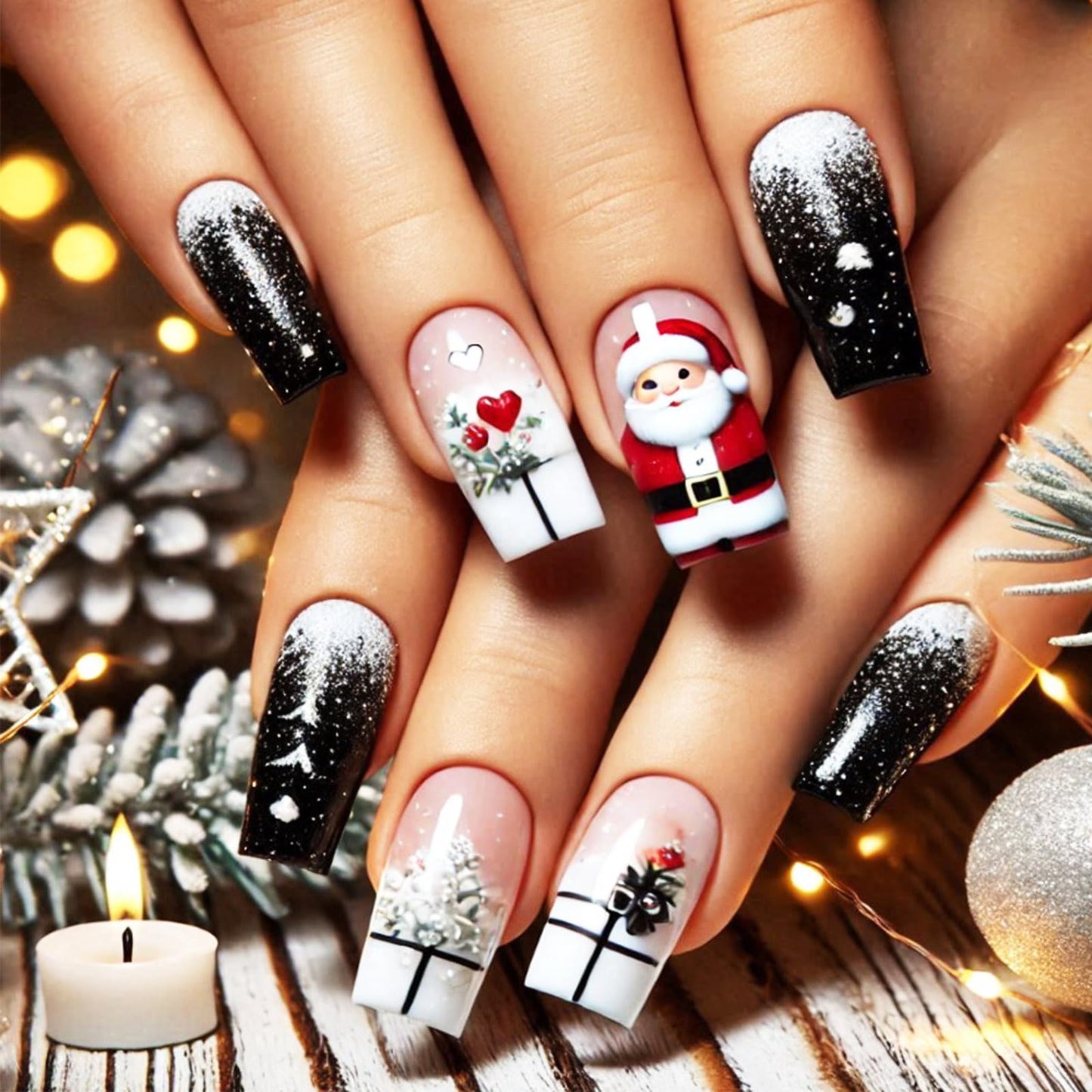 Santa Claus Press on Nails Christmas Medium Square False Nails 24Pcs Snowflake Stick on Fingernails Glossy Red Love Heart Acrylic Fake Nail Flower Gel Glue on Nail for Women Xmas Gift