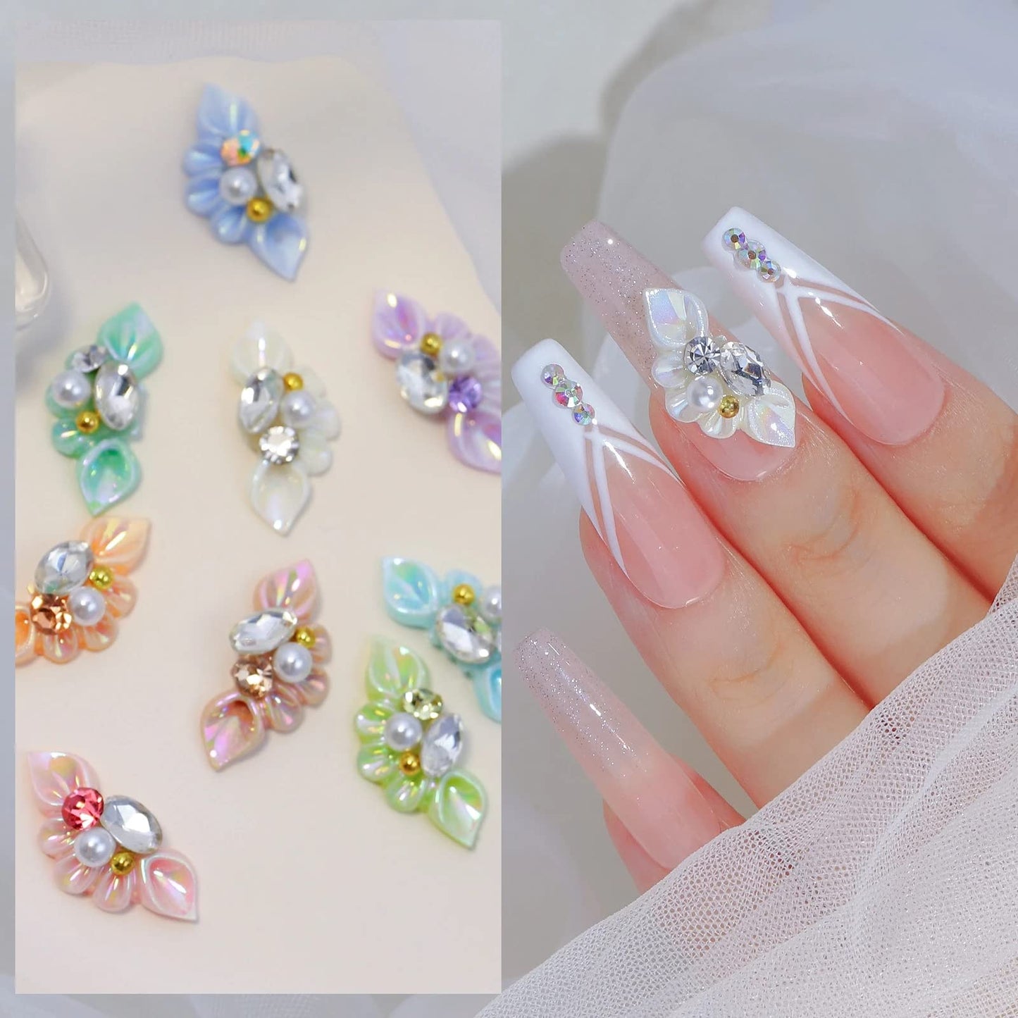 DANNEASY 30pcs 5d Flower Nail Charms Flat Back Embossed Nail Art Charms with Rhinestones Pearl Crystals Diamond Gems Nail Jewels Nail Decoration for Acrylic Nails DIY Craft Jewelry Making Accessories