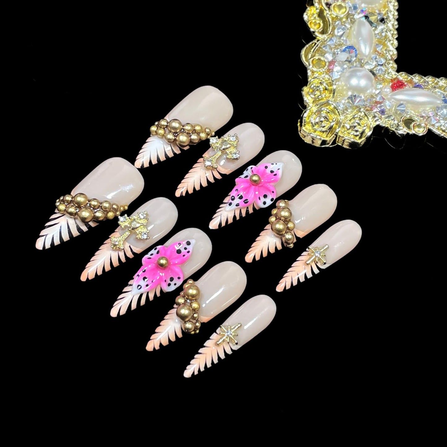 Luxury Handmade Press On Nails, Nude Pink Stiletto Tips with Gold Chains, 3D Flowers, Tiger Stripes, Reusable Acrylic False Nails (Tiger Luxe, M)