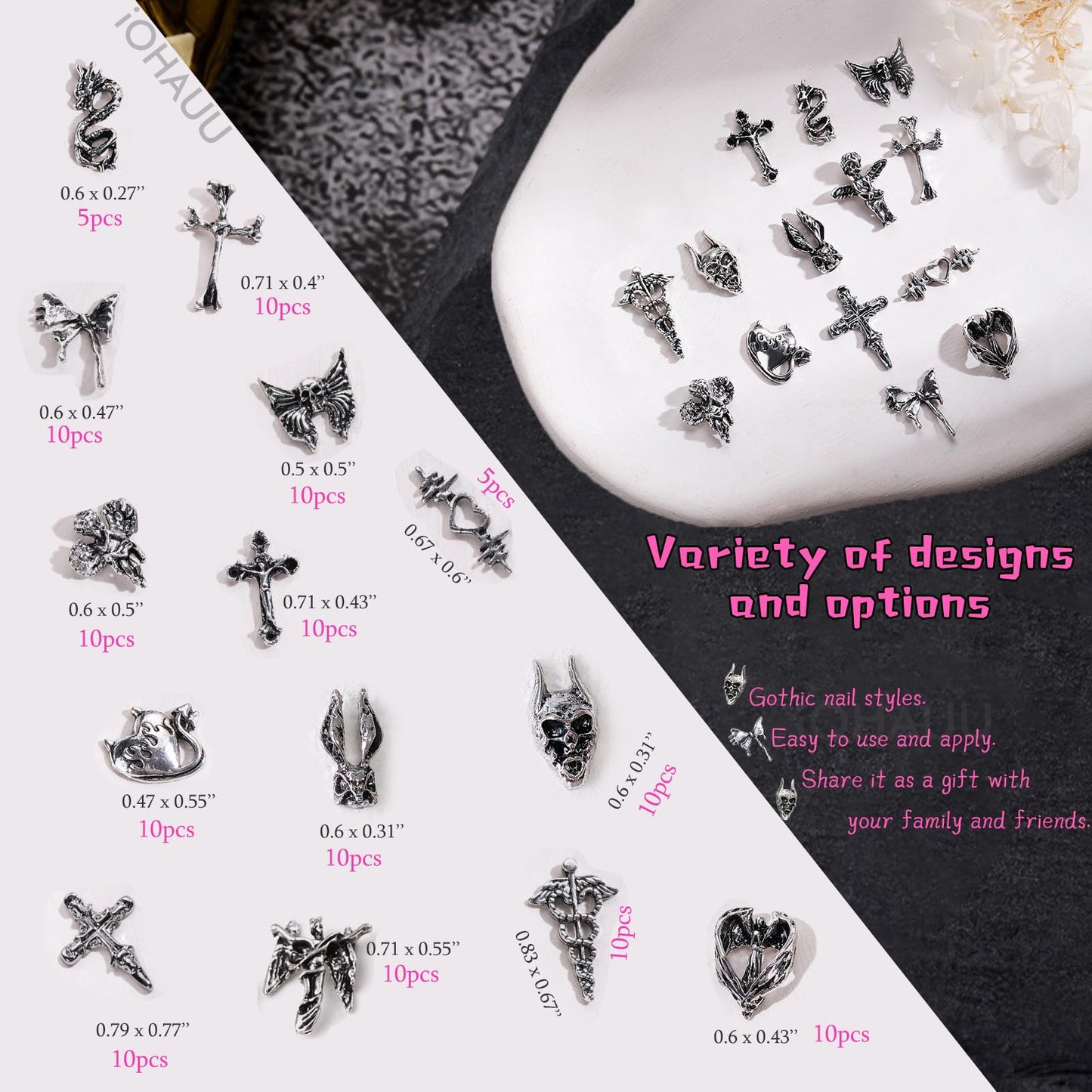 130pcs 3D Silver Goth Nail Charms Y2K Chrome Nails Art & DIY Punk Bracelet Accessories, Vintage Alloy Cross Butterfly Heart Skull Acrylic Charm for Women Nails, Metal Necklace Supplies