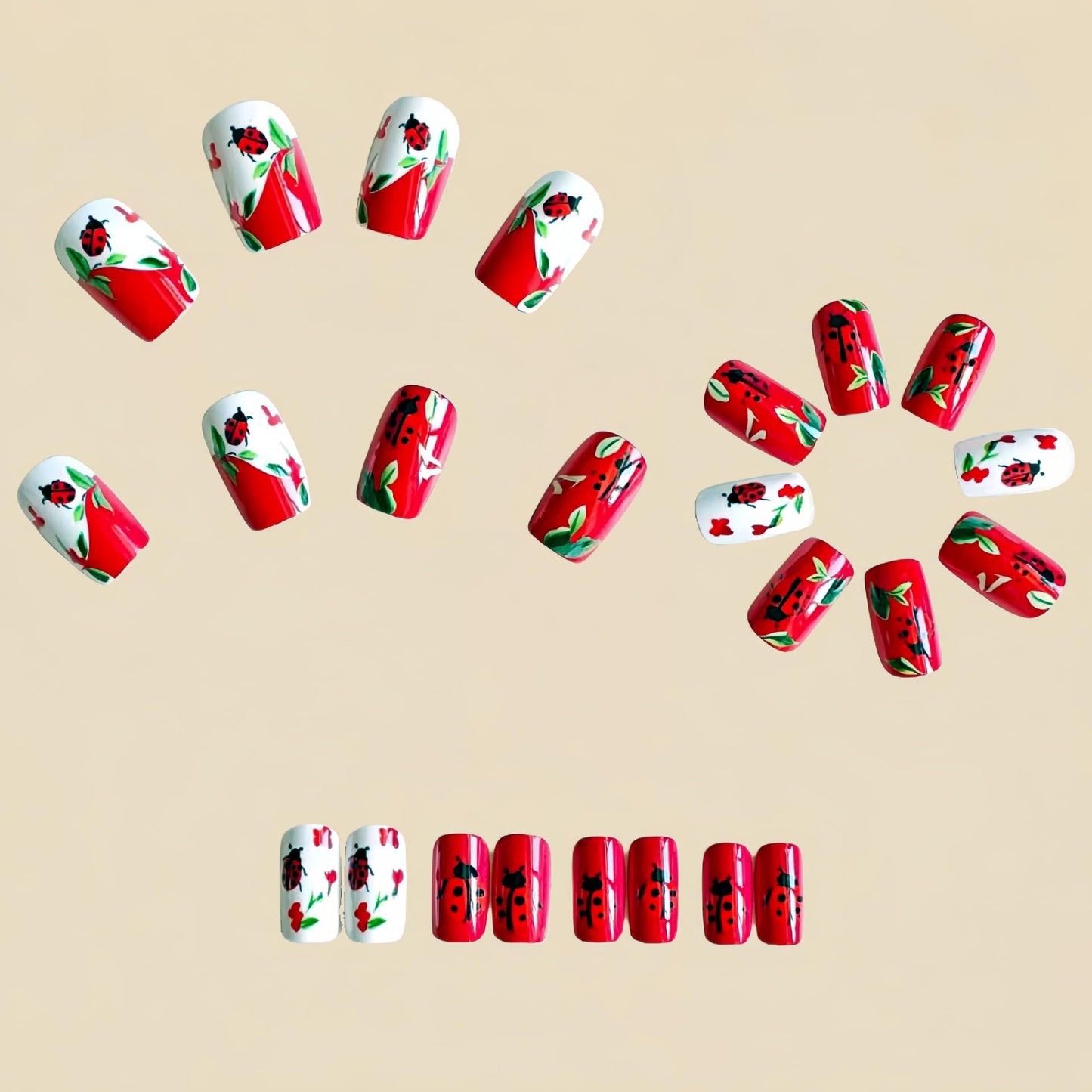 Cute Press on Nails Red Ladybug Leaves Design Square Short for Women Glossy Fake Nail Acrylic Full Cover Stick on Nails Manicure Decoration Reusable False Nail 24PCS 12 Sizes Kit Gift